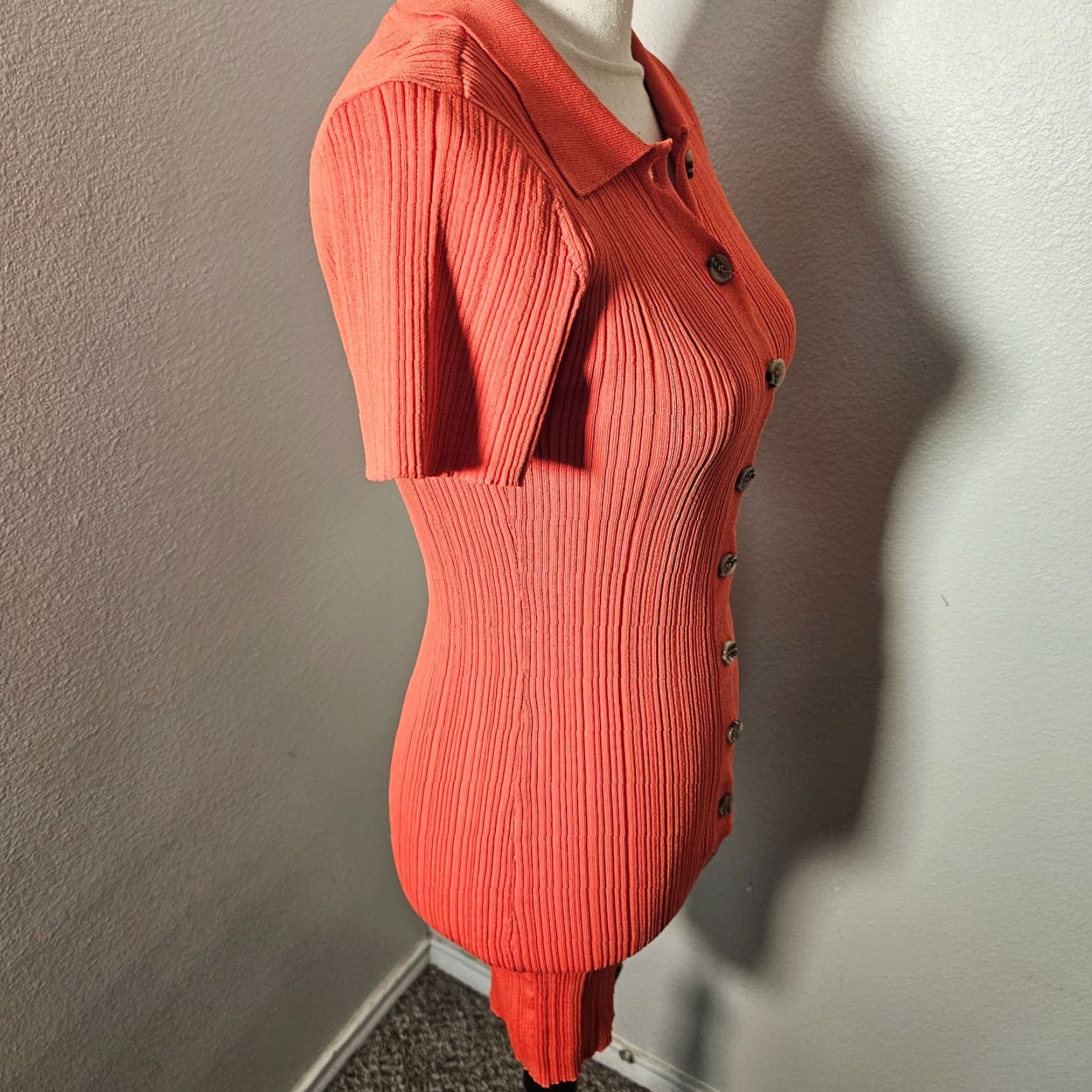 Forever 21 FOREVER 21 Dress Womens S Ribbed Knit Short Sleeve Button Neck Mini Peach Orange Dress Size 28" / US 6 / IT 42 - 4 Thumbnail