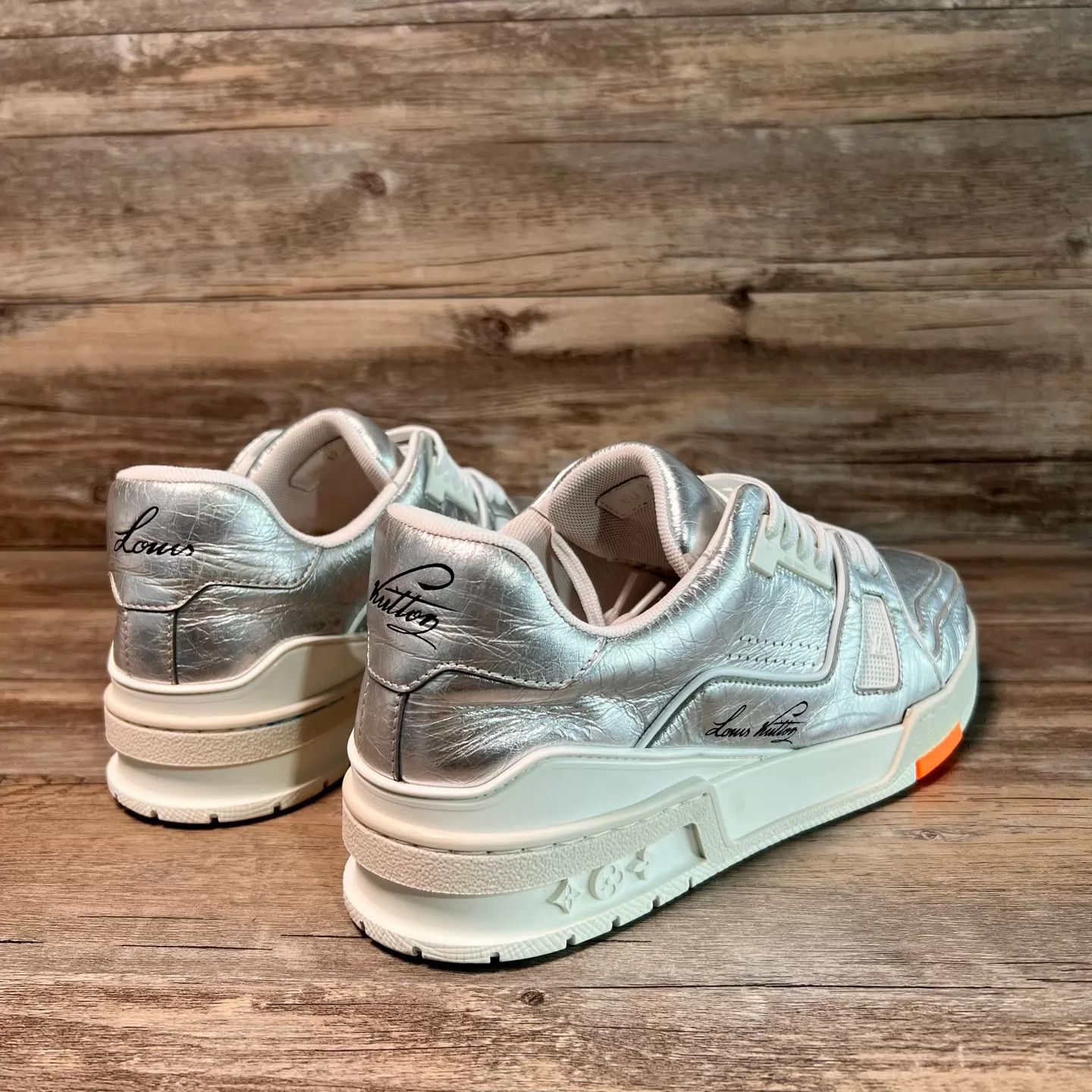 Louis Vuitton LV Trainer Liquid Silver/Orange TinFoil UK7(41) Worn Size US 8 / EU 41 - 3 Thumbnail