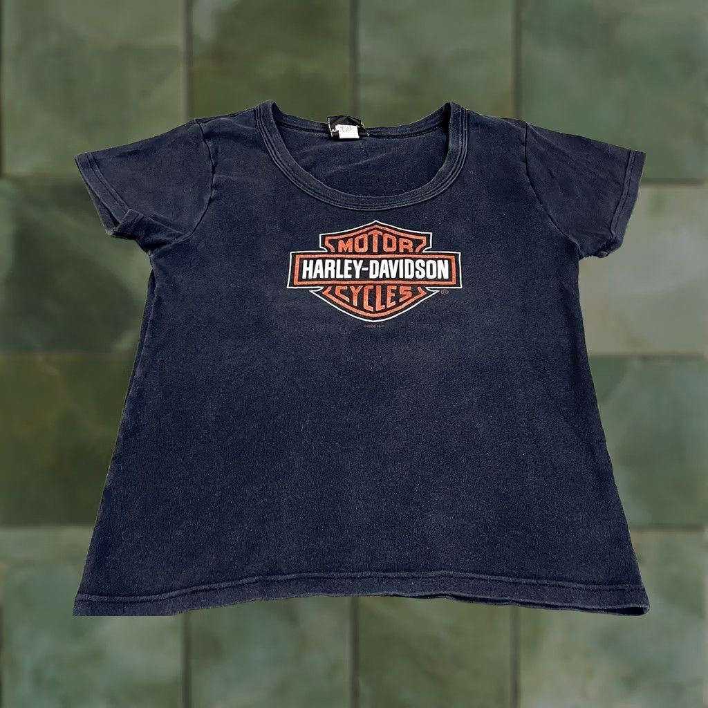 Harley Davidson VINTAGE Harley-Davidson Shirt Womens L Black Short Sleeve Crew Neck Knit 100% Cotton Logo Studded Size L / US 10 / IT 46 - 1 Thumbnail