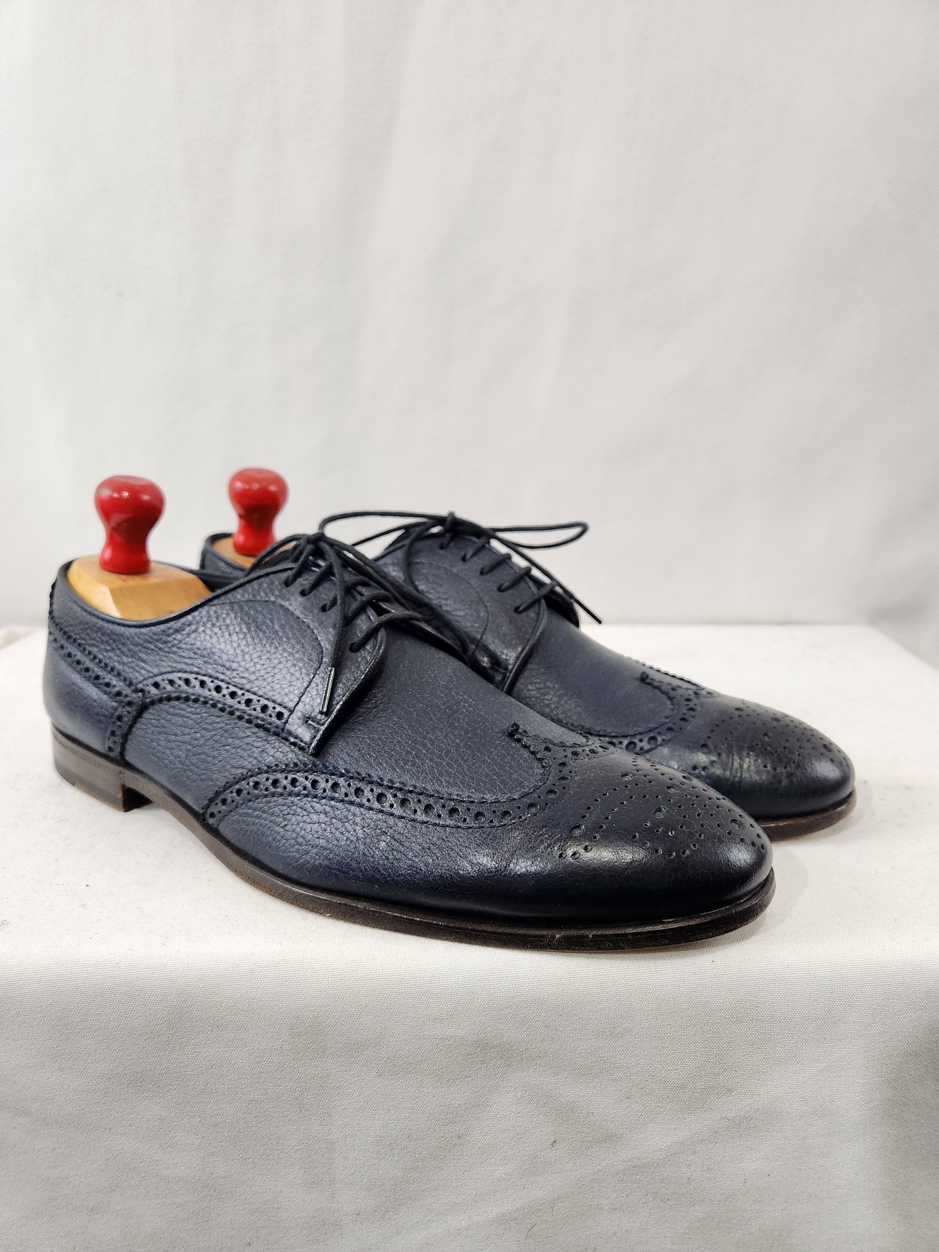 Deer Leather Navy Blue Wingtip Derby Made Italy 43.5 IT