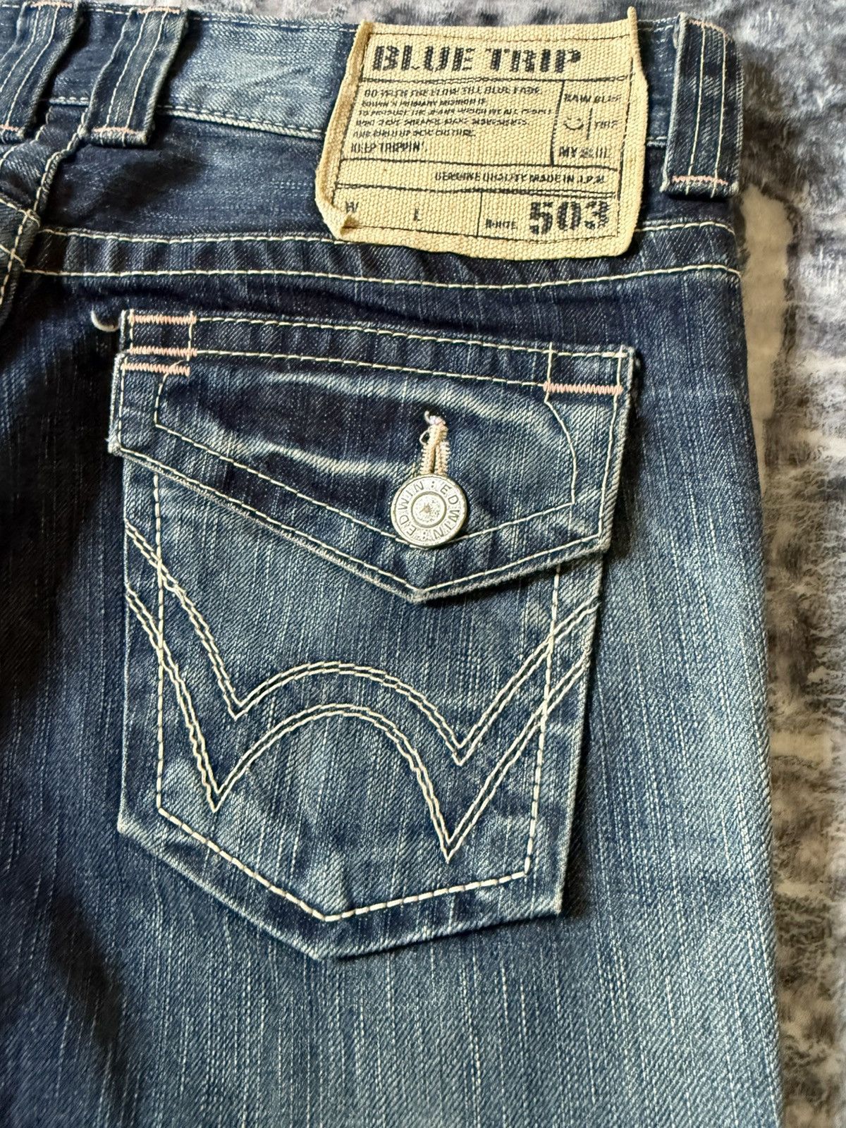 Edwin × Japanese Brand × Vintage Edwin 503 Blue Trip Flared Wide Leg Cropped Jeans Size 30" / US 8 / IT 44 - 18 Thumbnail