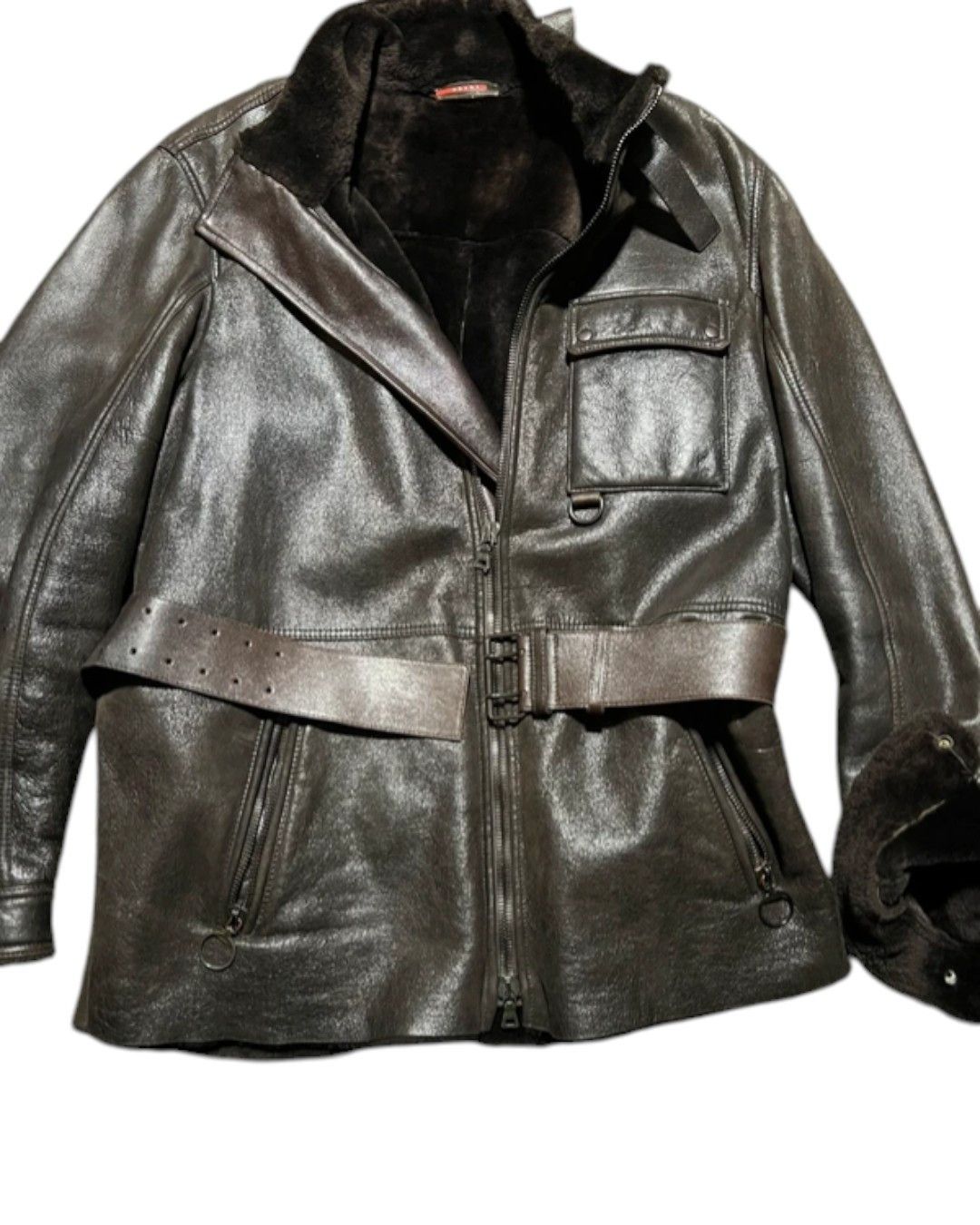 Prada PRADA SPORT SHEARLING LEATHER BELTED BIKER COAT JACKET Size US L / EU 52-54 / 3 - 2 Thumbnail