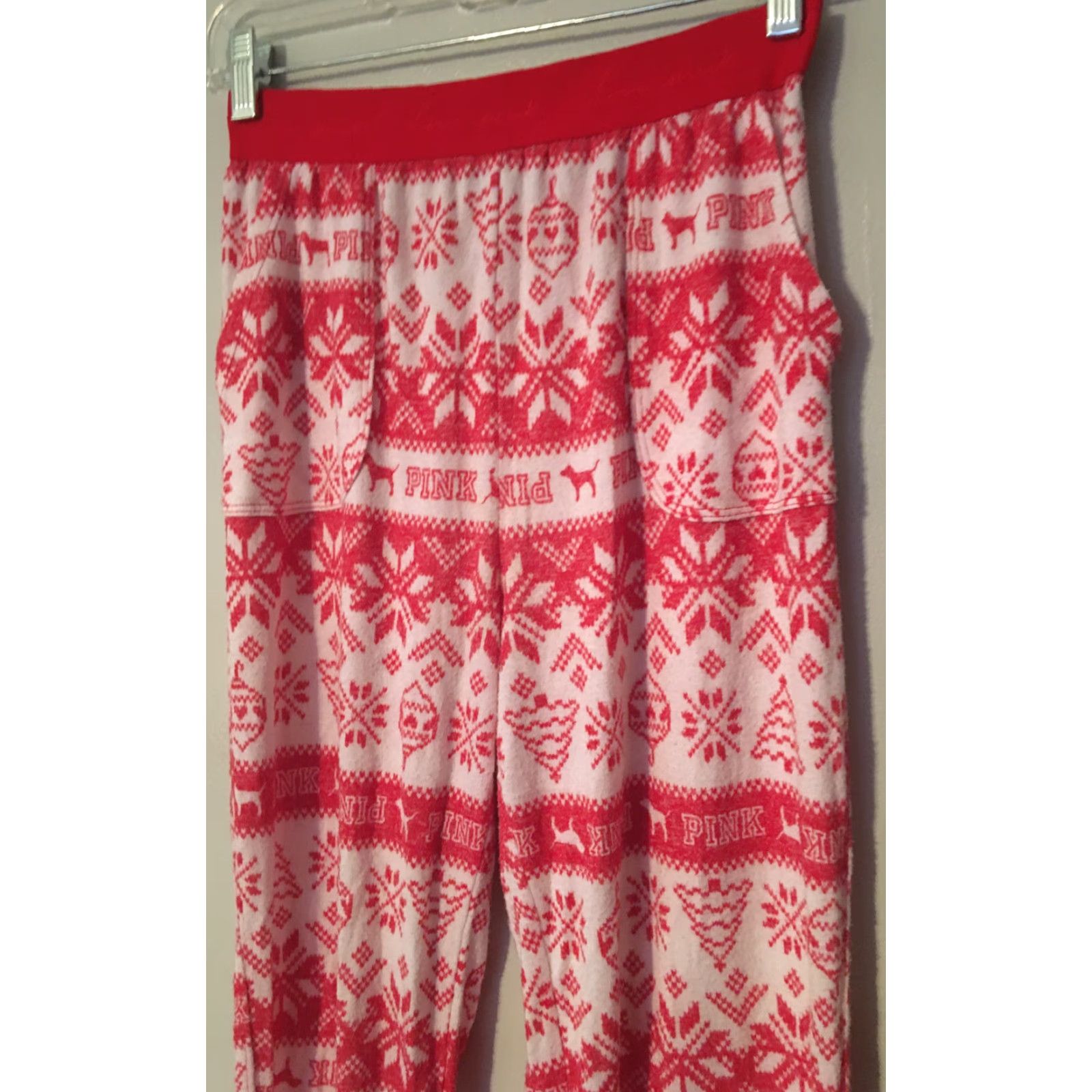 Vintage PINK Victoria's Secret Fair Isle Snowflake Pajama Pants White Red Sz S Size 28" / US 6 / IT 42 - 3 Thumbnail