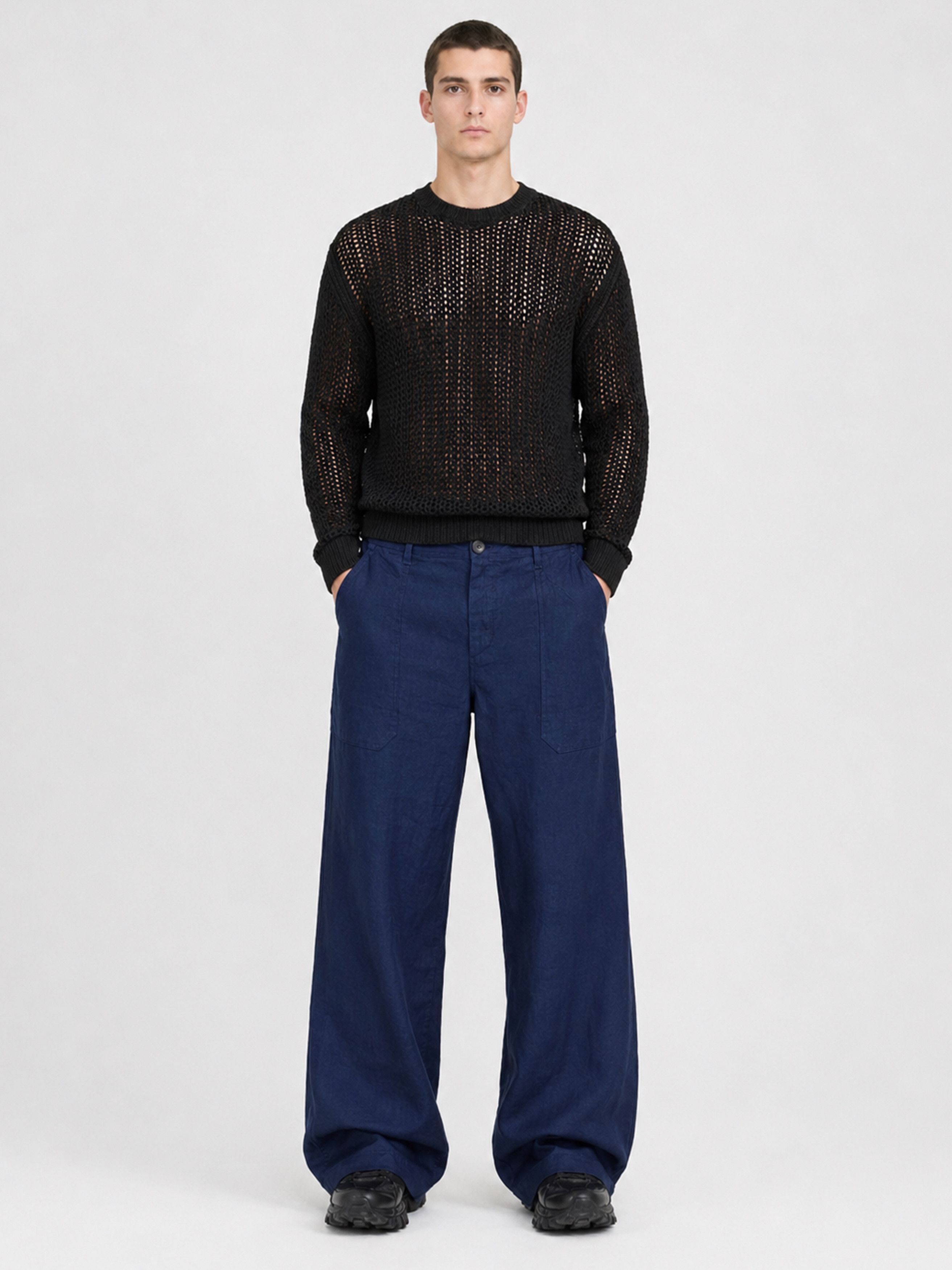 Jan Jan Van Essche Wide-Leg Indigo Linen Drop Crotch Trousers Size US 34 / EU 50 - 3 Thumbnail