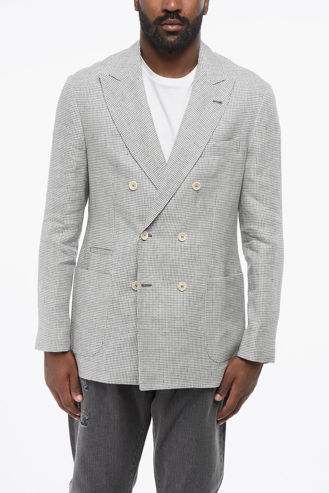Brunello Cucinelli og1mm0725 Houndstooth Linen Double-breasted Blazer in Grey Size US L / EU 52-54 / 3 - 1 Thumbnail