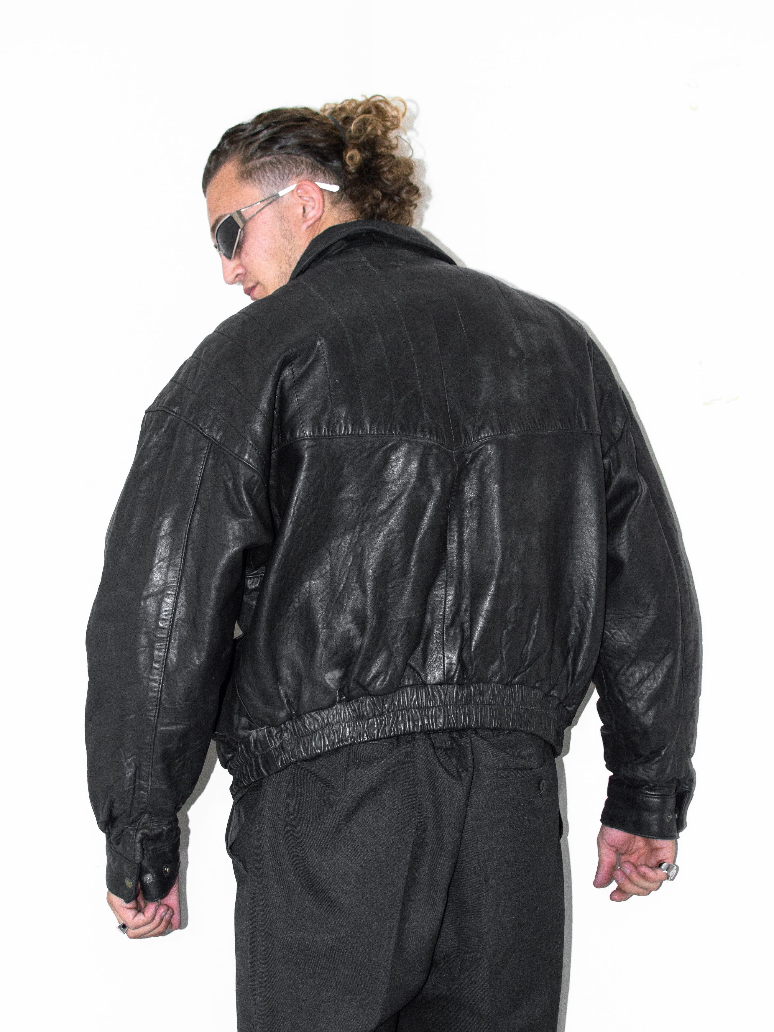 Designer × Vintage Vintage 90s Black Real Leather Oversize Boxy Bomber Jacket Size US XL / EU 56 / 4 - 4 Thumbnail
