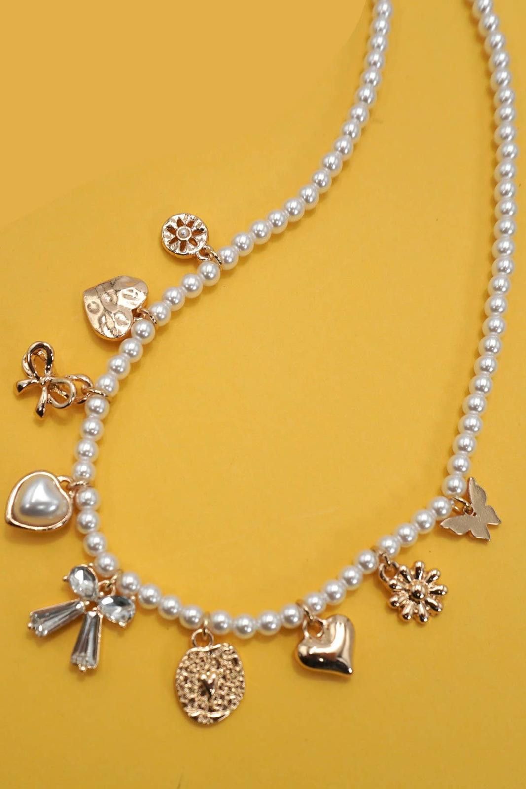 Other Charm Necklace Bow Sunflower Heart Pearl Chain Size ONE SIZE - 1 Thumbnail
