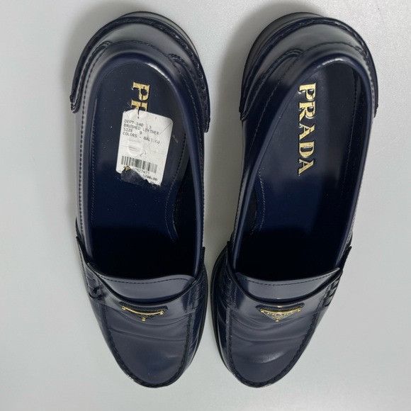Prada Prada Brushed Leather Triangle Logo Loafers Blue Gold Men’s Size US 9 / EU 42 - 4 Thumbnail
