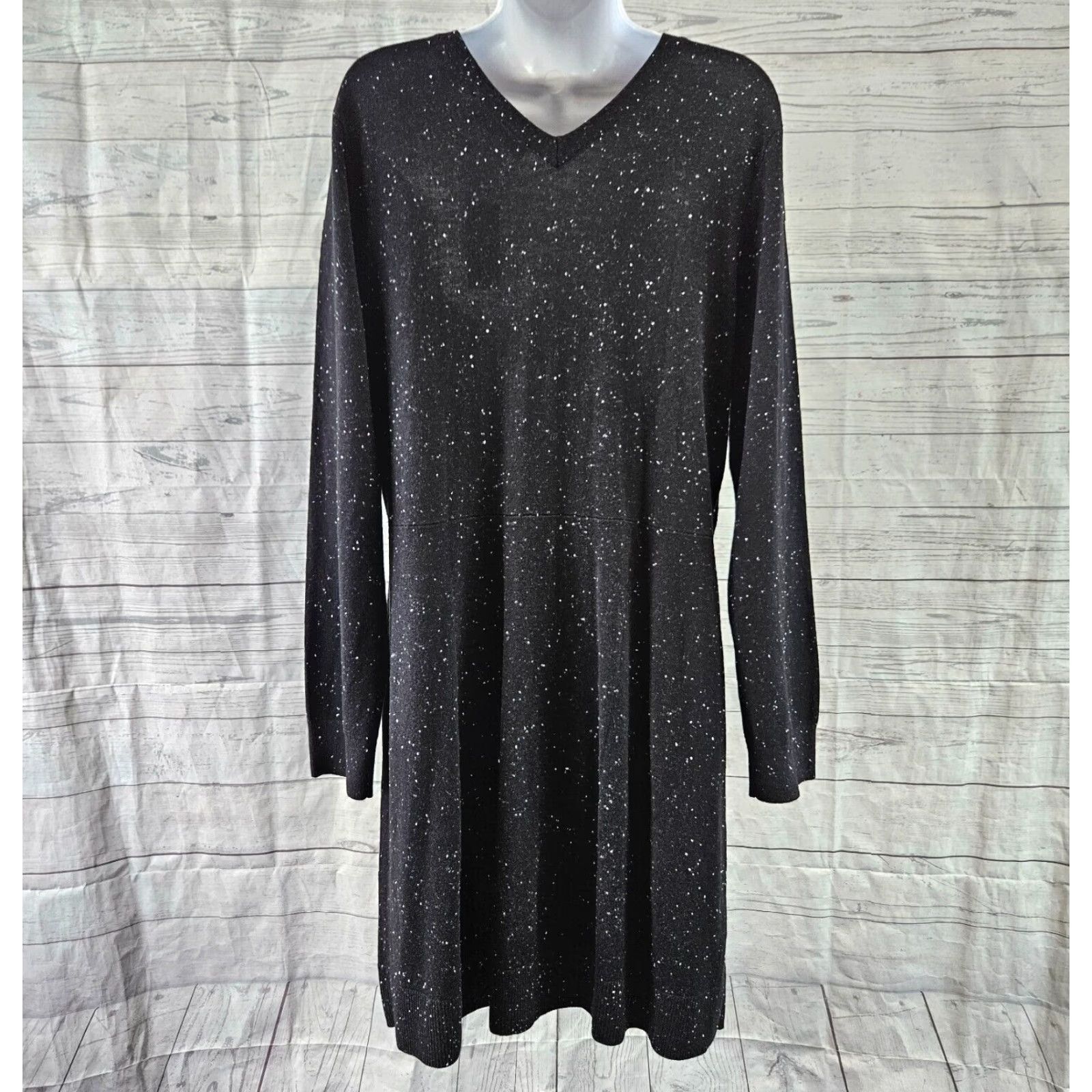 Loft Ann Taylor LOFT Womens Sweater Dress XL Black Speckled Long Sleeve V-Neck Size XL / US 12-14 / IT 48-50 - 4 Thumbnail