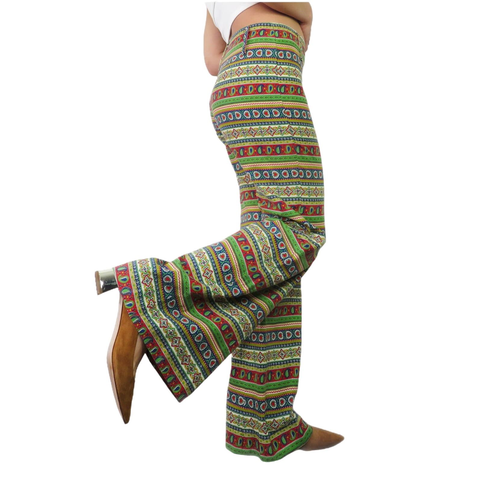 Vintage 1970s Handmade Red & Green Retro Pattern Flared Pants 27" Size 27" / US 4 / IT 40 - 2 Thumbnail