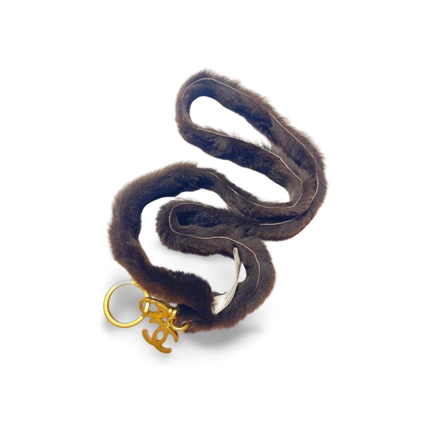 Vintage Chanel brown rabbit fur key strap keyring with CC