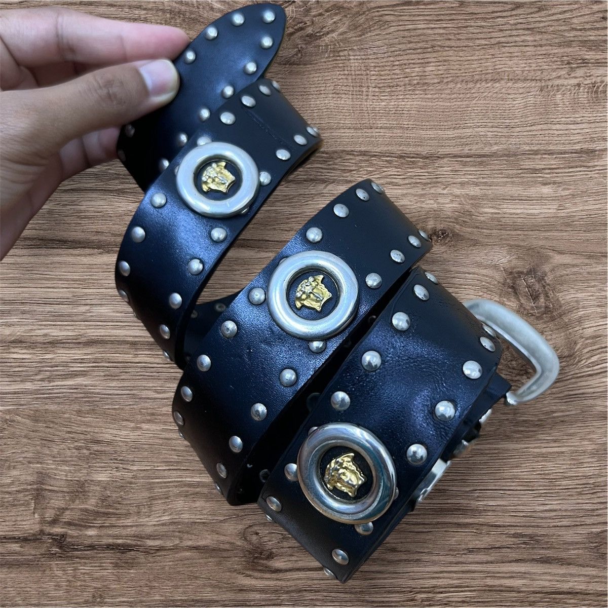 Leather Versace Medusa Head Studded Leather Belt Size 36 - 1 Thumbnail