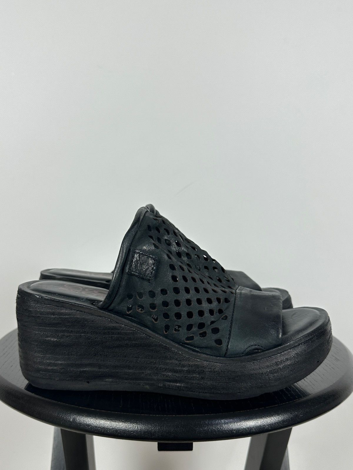 A.S.98 A.S.98 Black Perforated Leather Platform Slide Mules Sandals Size US 7 / IT 37 - 3 Thumbnail