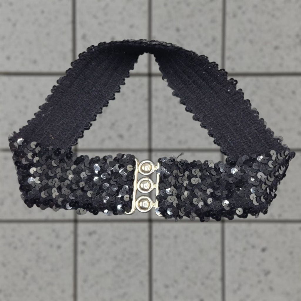 Vintage VINTAGE Black Sequin Elastic Stretch Belt Metal Clasp Closure Clubwear Women One Size Black Sequin Belt Womens Size ONE SIZE - 1 Thumbnail