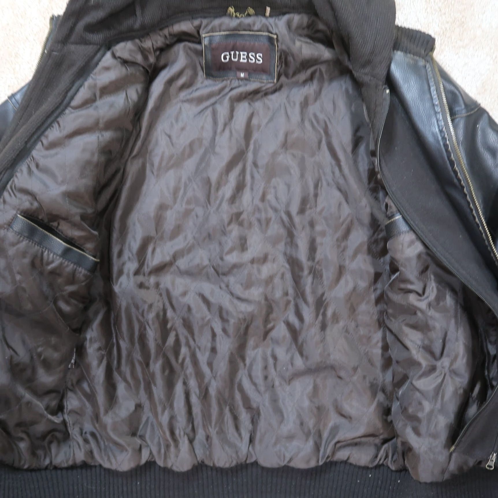 Guess VINTAGE GUESS Faux Leather Jacket Mens Medium Brown Full Zip Coat Hooded Bomber Jacket Size US 31 - 4 Thumbnail