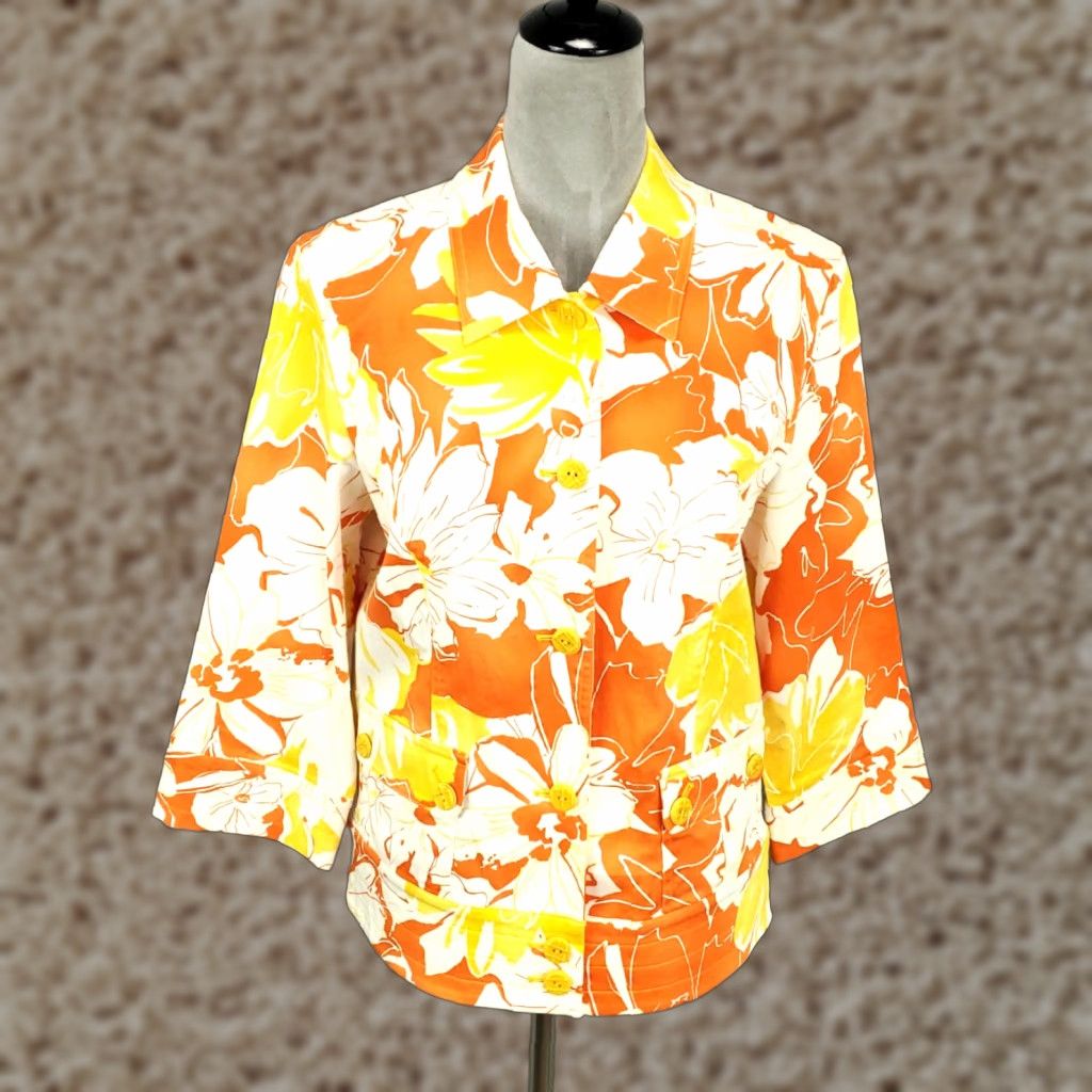 Coldwater Creek Coldwater Creek Button Up Jacket Womens 12 Floral Orange White Artsy Flowers Top Size XL / US 12-14 / IT 48-50 - 1 Thumbnail