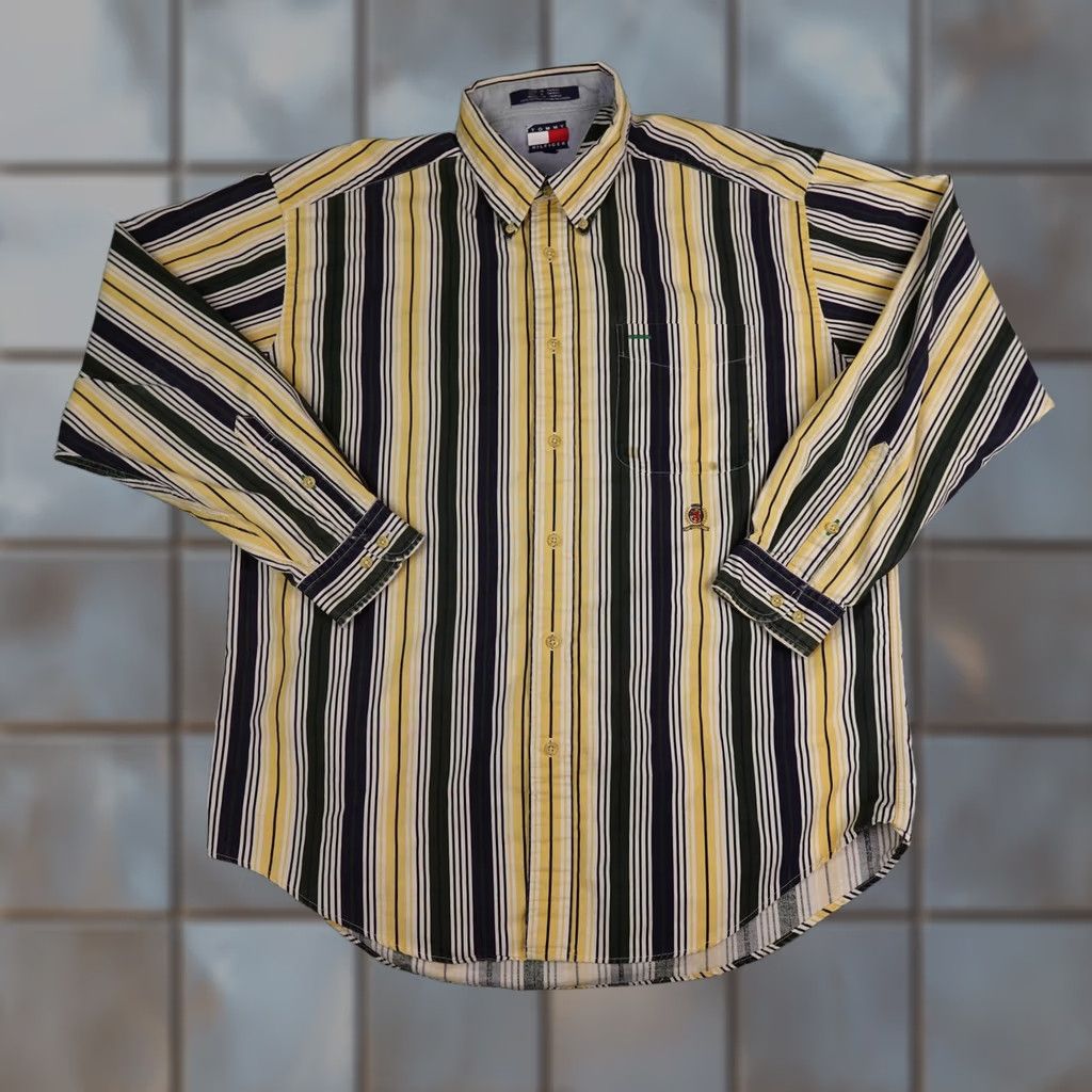 Tommy Hilfiger VINTAGE Tommy Hilfiger Shirt Mens L Blue Yellow Stripe Long Sleeve Crest 90s Retro Button-Up Collared Size US L / EU 52-54 / 3 - 1 Thumbnail