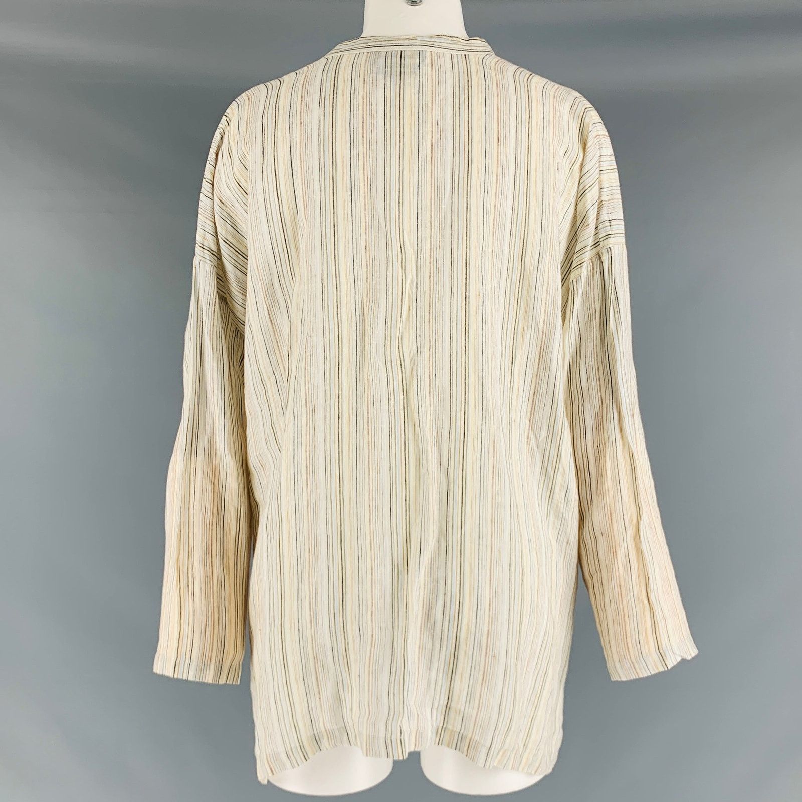 eskandar ESKANDAR 0 White Blue Linen Stripe Long placket Casual Top Size XS / US 0-2 / IT 36-38 - 4 Thumbnail
