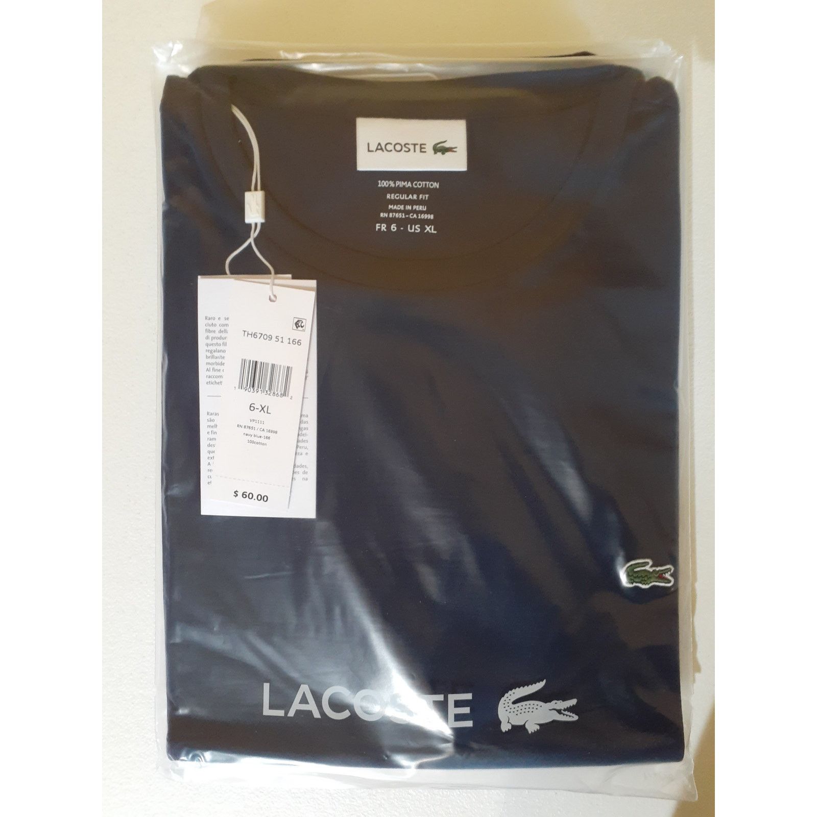 Lacoste Lacoste Men's Cotton Pima Jersey T-Shirt Navy Blue X-Large Size US XL / EU 56 / 4 - 2 Thumbnail