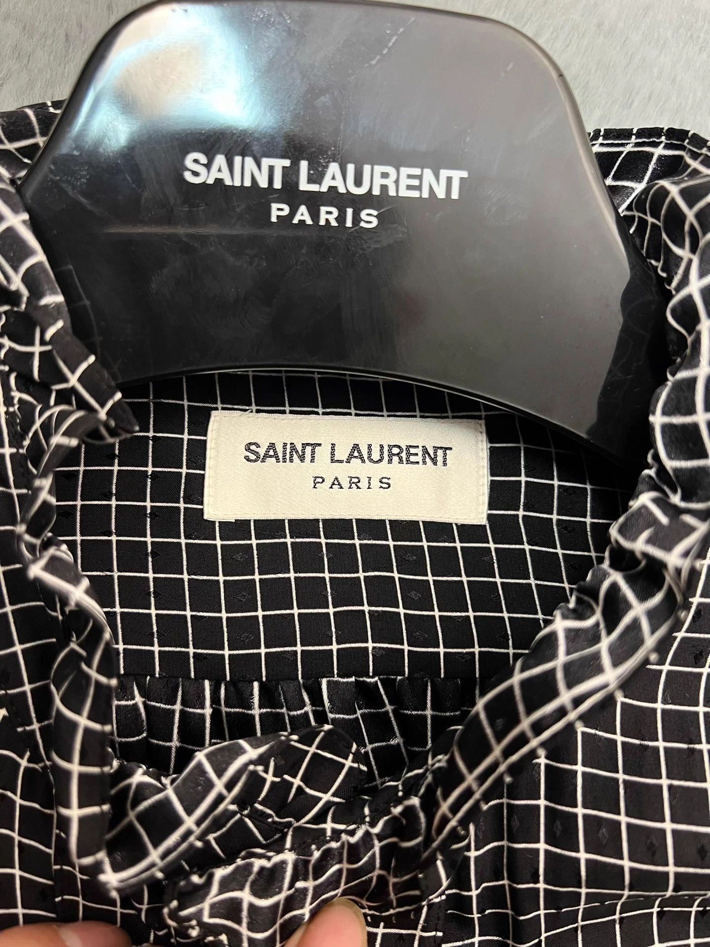 SLP diamond-patterned, checkered silk shirt,