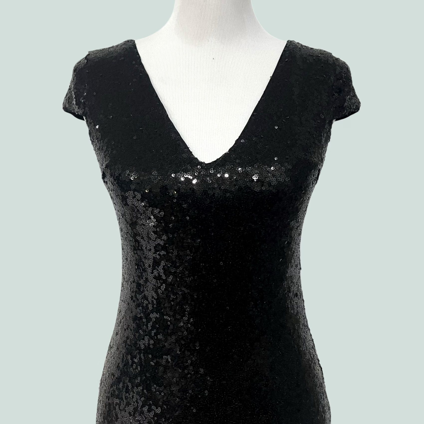 Vintage Verty Sequin Dress Black Mini Bodycon V-Neck Stretchy Party Evening Womens Small Dress Size S / US 4 / IT 40 - 1 Thumbnail
