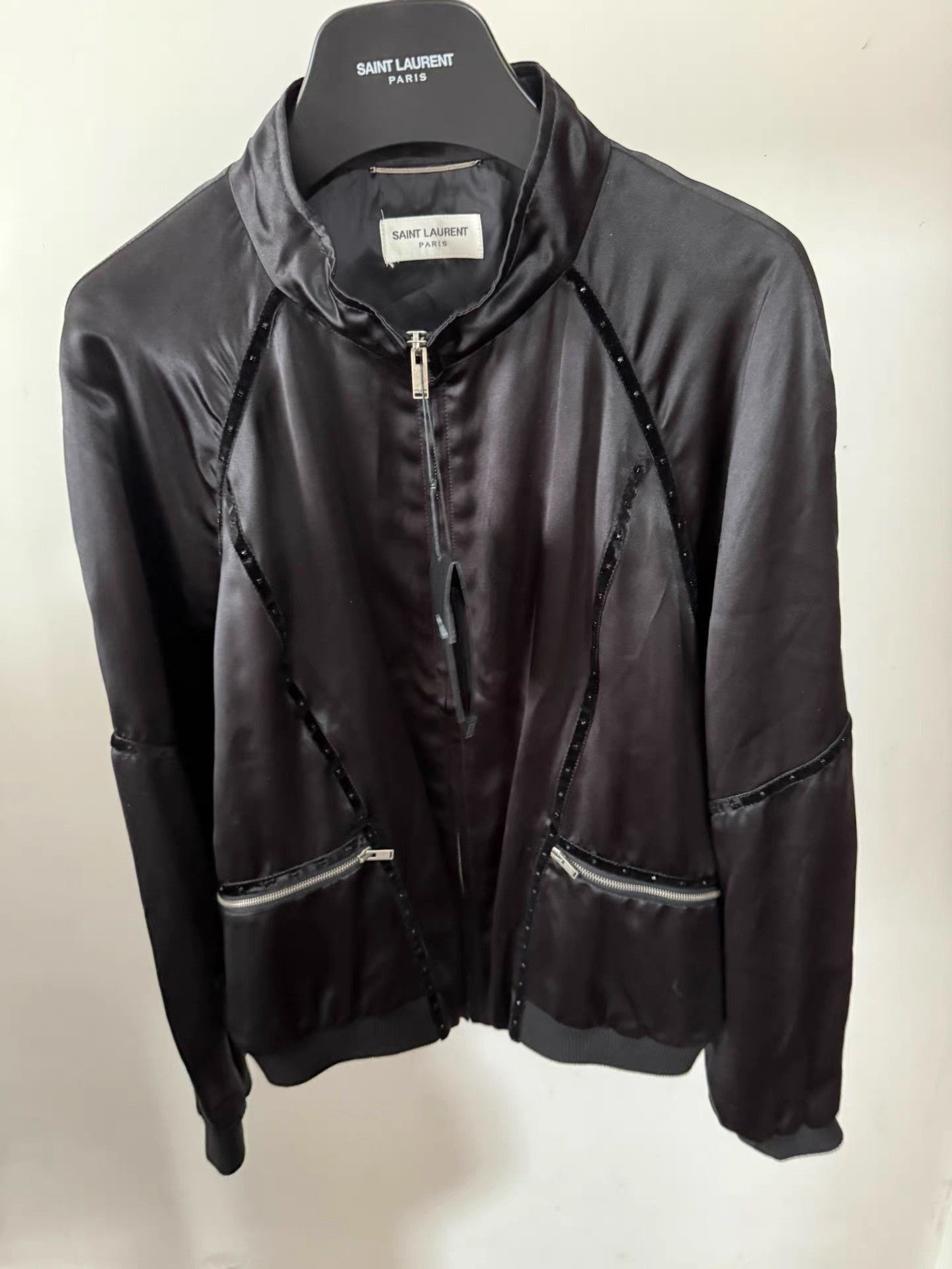 Saint Laurent Paris Black Satin Bomber Jacket with Zip Pockets - Size M Size US M / EU 48-50 / 2 - 1 Thumbnail