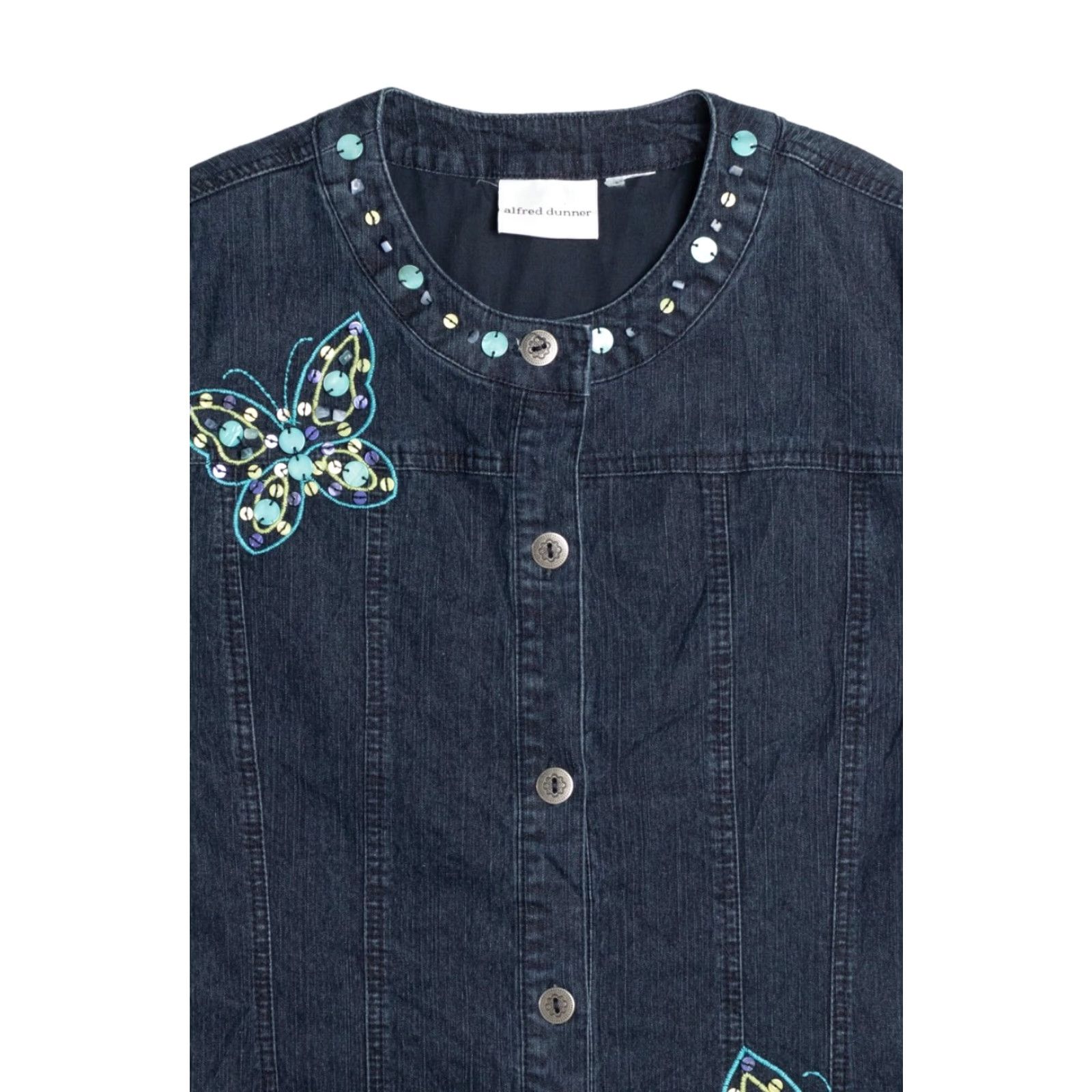 Vintage VINTAGE Alfred Dunner Denim Jacket Dark Blue Cotton Butterfly Embellishments Medium Adults Mens Size US M / EU 48-50 / 2 - 3 Thumbnail