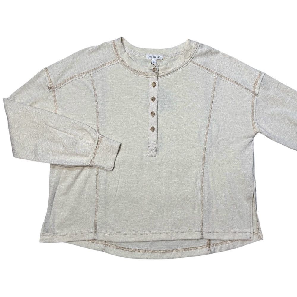 Other NWT New Blu Pepper Contrast Stitch Long Sleeve Henley Ivory Size S / US 4 / IT 40 - 6 Thumbnail