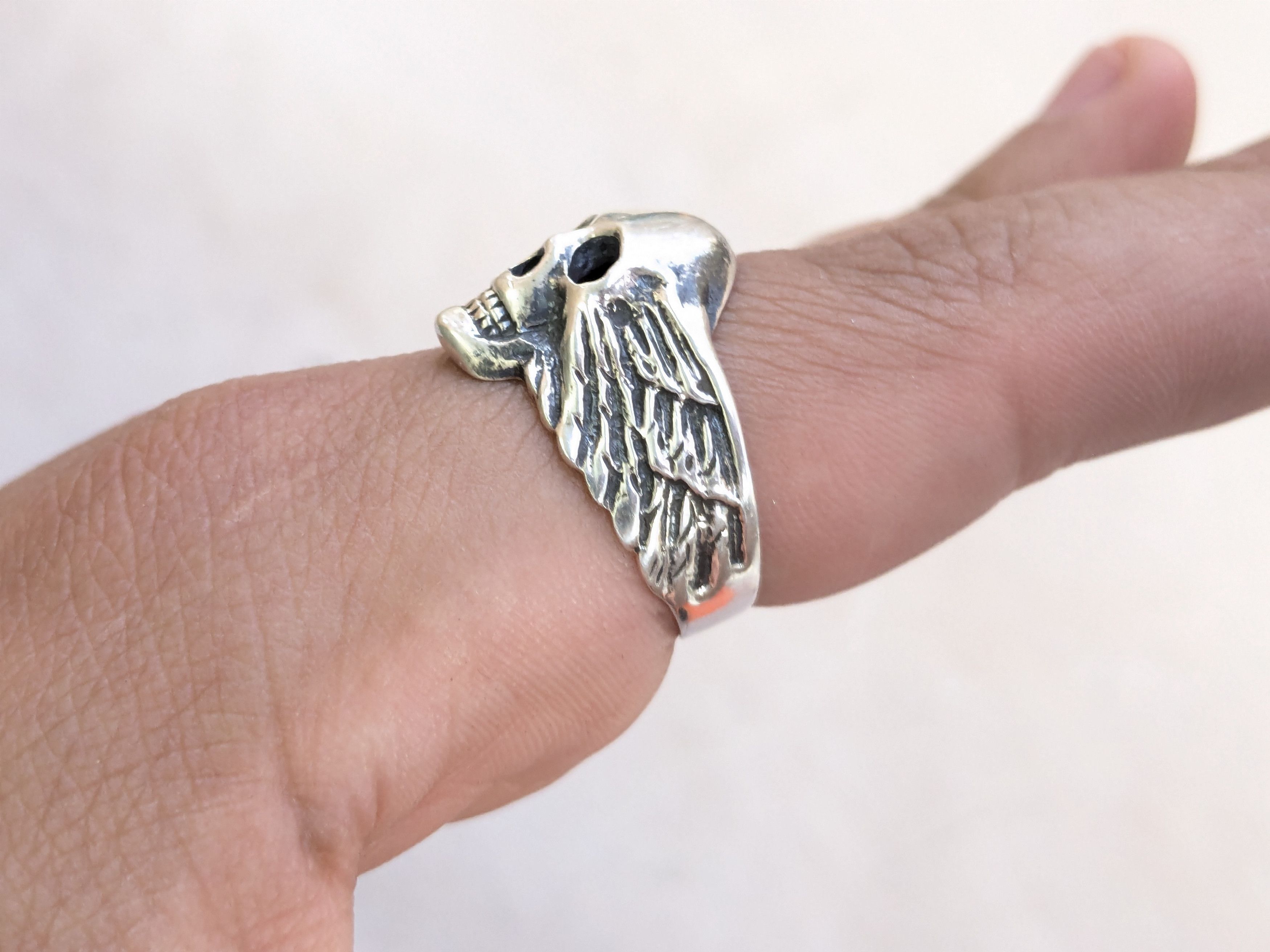 Jewelry × Vintage Vintage Sterling Silver Skull Ring Biker 10.75 Wings Size ONE SIZE - 13 Thumbnail