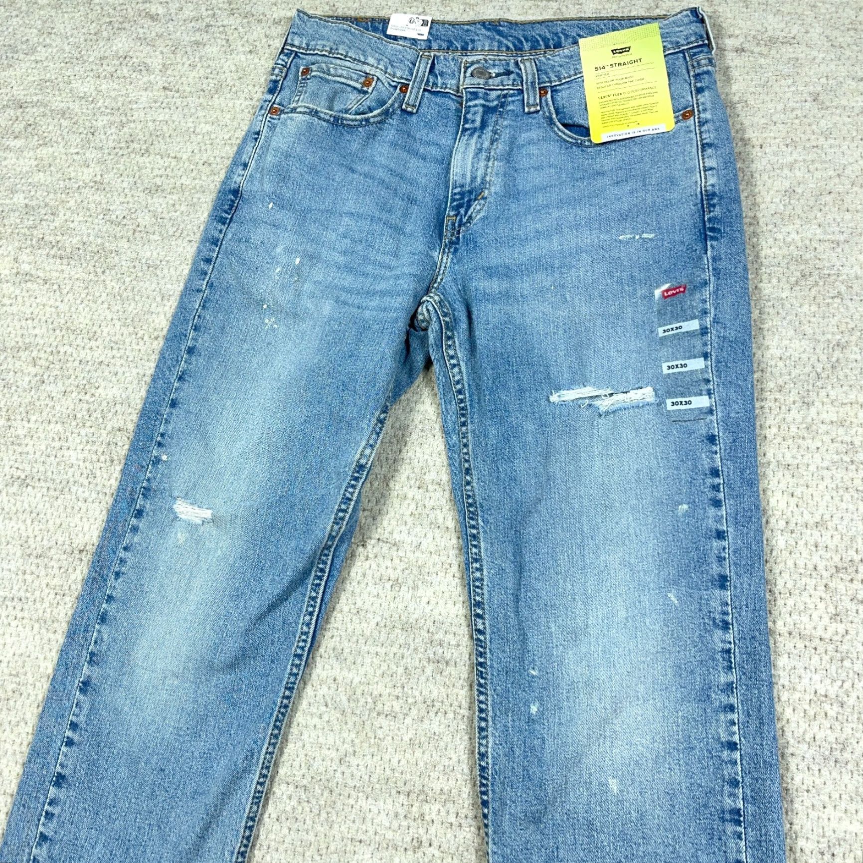 Levi's Levi's 514 Jeans Men 30x30 Straight Leg Medium Wash Stretch Distressed Denim Regular 5-Pocket Zipper Button Blue Size US 30 / EU 46 - 3 Thumbnail
