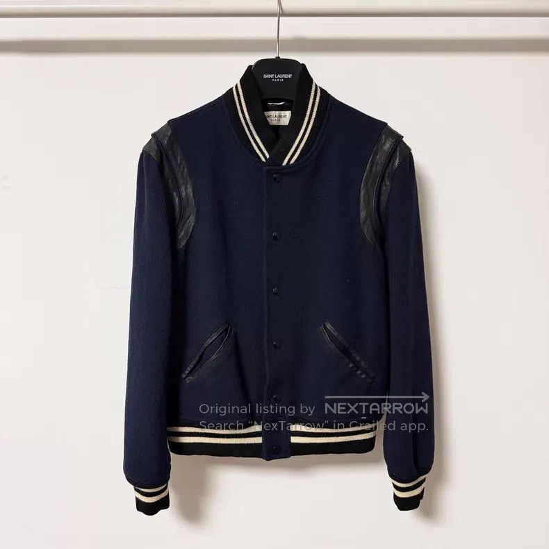 Saint Laurent Paris Saint Laurent Paris Navy Wool and Leather Baseball Jacket Size US S / EU 44-46 / 1 - 1 Thumbnail
