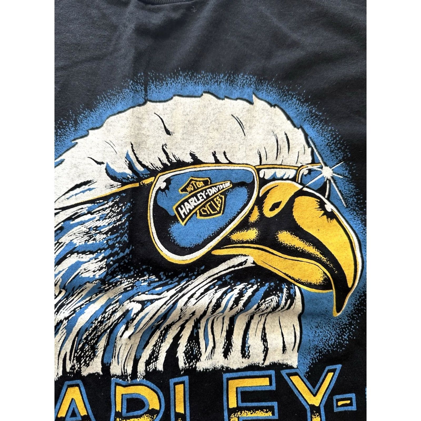 Jerzees VINTAGE 80s Harley Davidson Eagle With Sunglasses 3D Emblem Tee XL Black Unisex Graphic Tee Men Women Mens Womens Size ONE SIZE - 3 Thumbnail