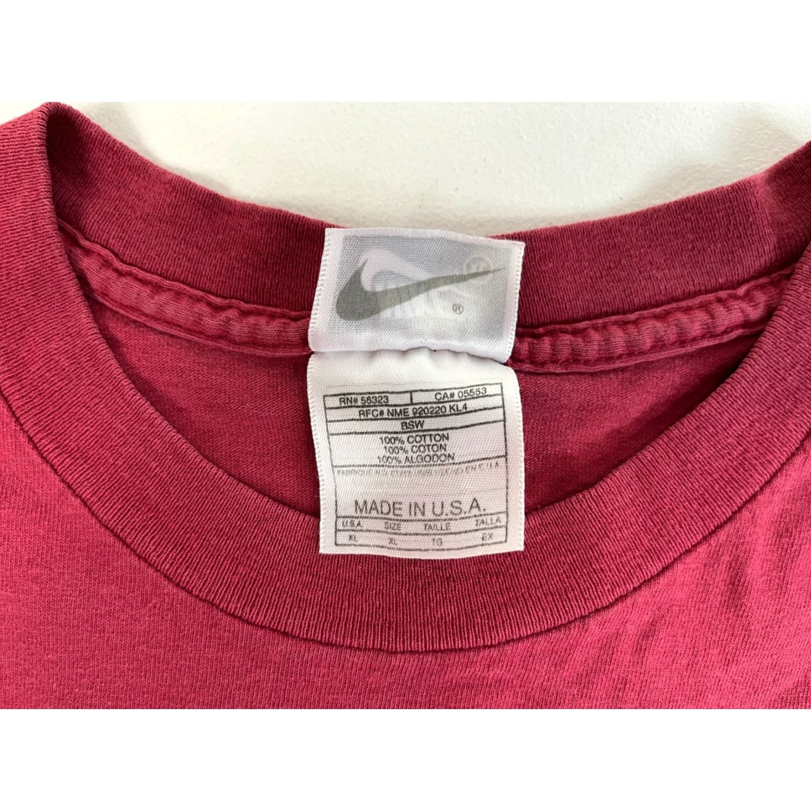 Nike Nike Men's Vintage 90s T-Shirt XL Red Cotton Embroidered Logo Crew Neck Short Sleeve Made in USA 100% Cotton 90s Theme Vintage Size US XL / EU 56 / 4 - 4 Thumbnail