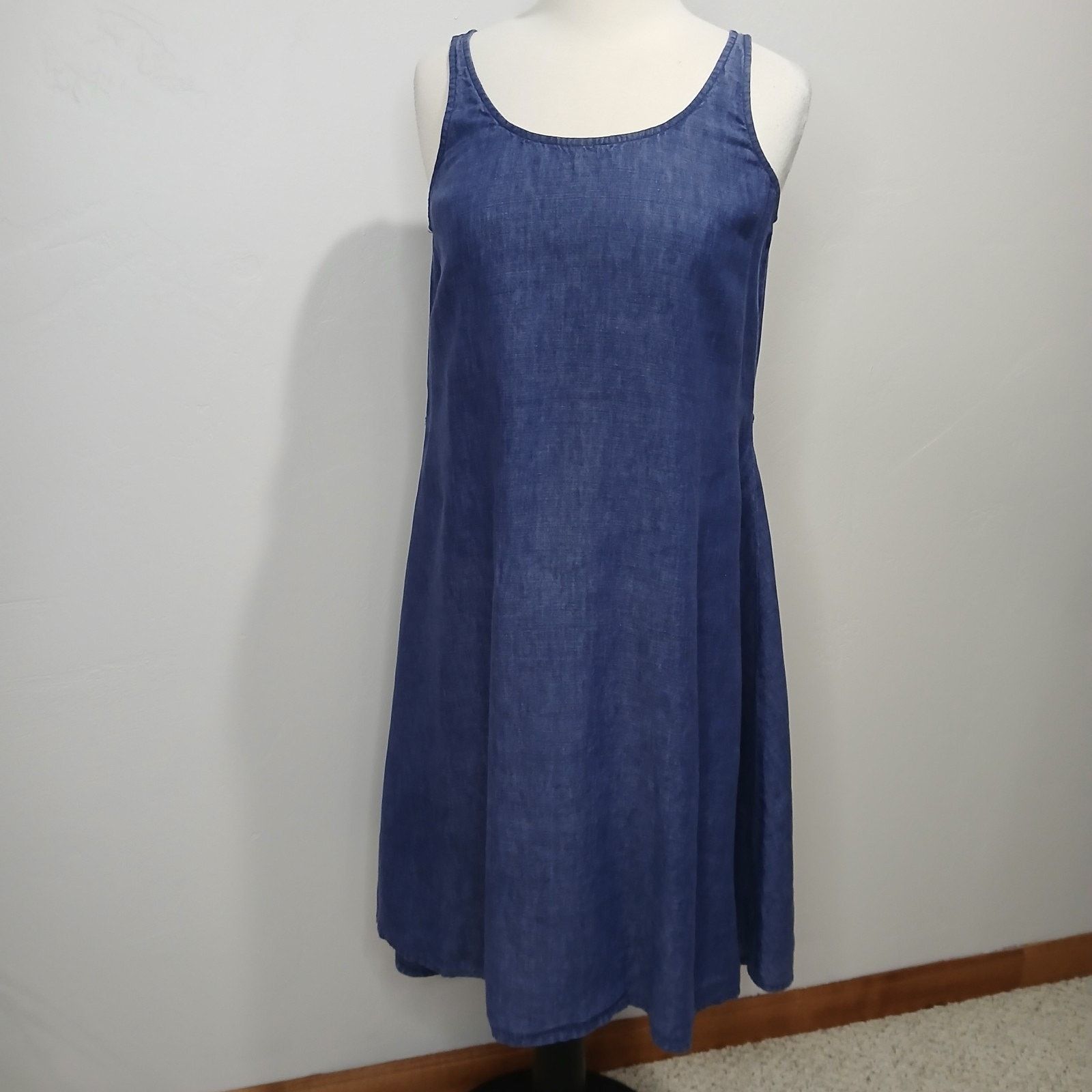 Eileen Fisher Linen Dress Small Blue Sleeveless Tie Waist