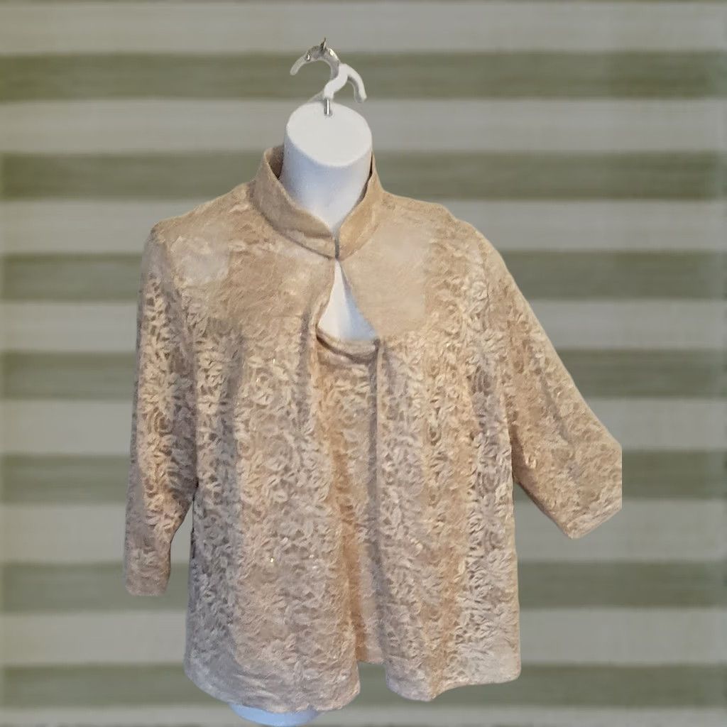 Alex Evenings VINTAGE 90s Alex Evenings Champagne Sparkle Lace 2 Pc Layered Top Jacket 3X Ladies Eveningwear Set 3X Size XXL / US 16-18 / IT 52-54 - 1 Thumbnail
