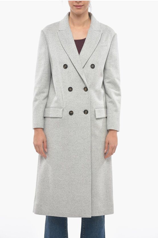 image of Brunello Cucinelli Wool Double Breasted Coat With Peak Lapel in Grey, Women's (Size Small)