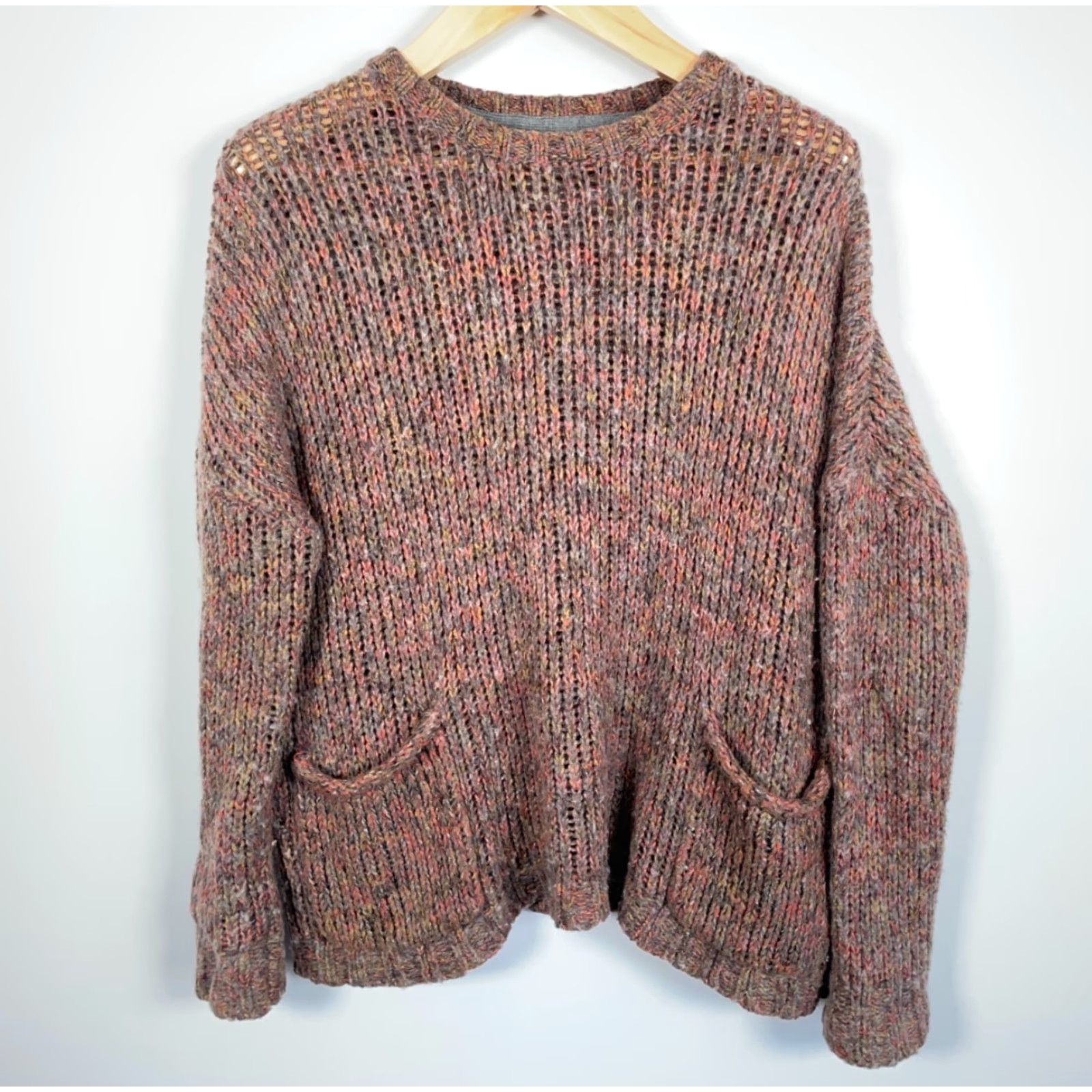 Vintage Wool Mohair Blend Sweater Women's Large Brown Open Knit Pullover Hand Pockets Size L / US 10 / IT 46 - 2 Thumbnail