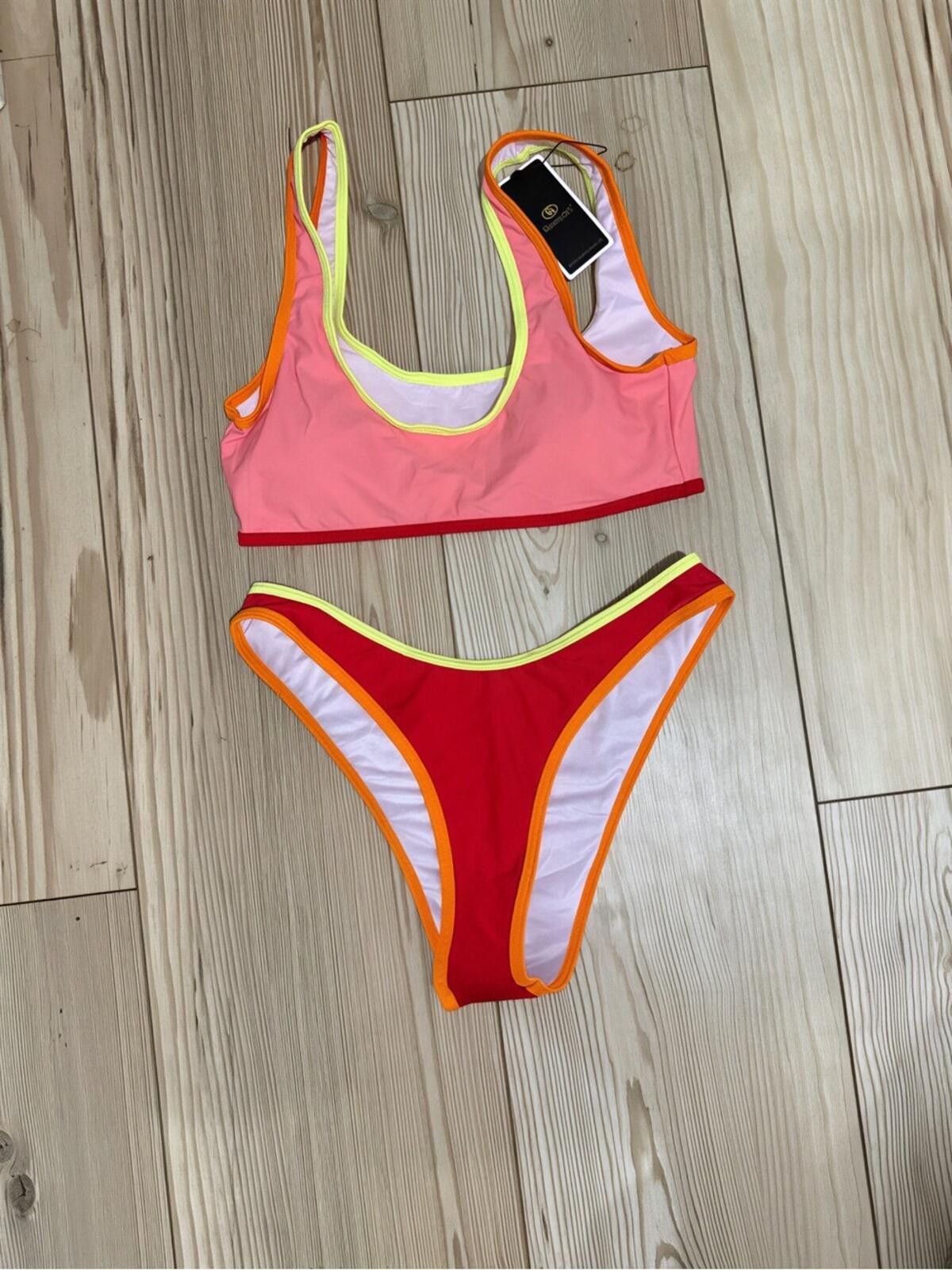 Holland & Sherry Color-Block Pink & Red Bikini with Neon Trim Size ONE SIZE - 2 Thumbnail