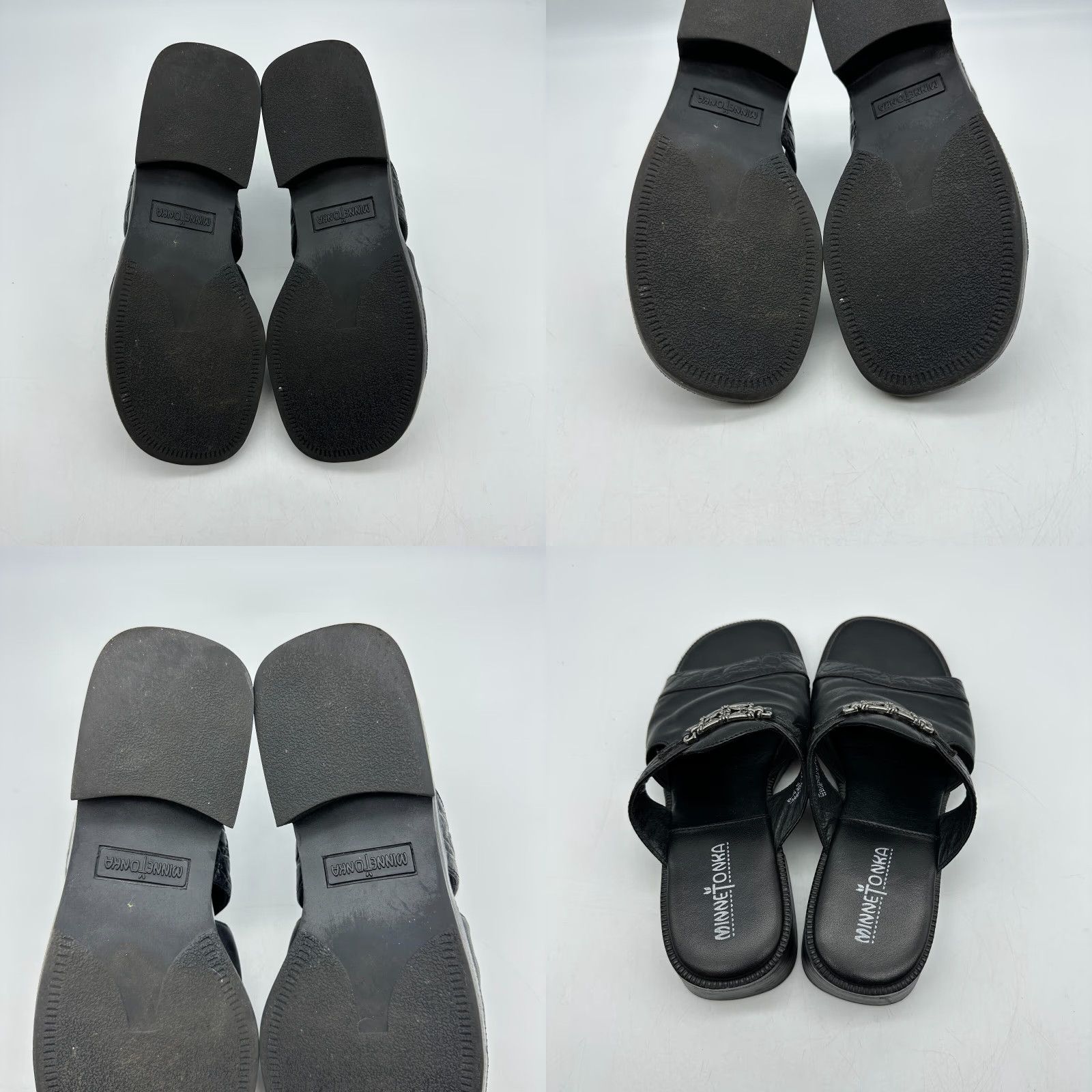 Minnetonka Minnetonka Silverthorne Women's Sandal 7 Black Leather Slip On Slide Sandal - Vintage? No. 5540 - Casual Travel Outdoor Womens Shoes Size US 7 / IT 37 - 8 Thumbnail