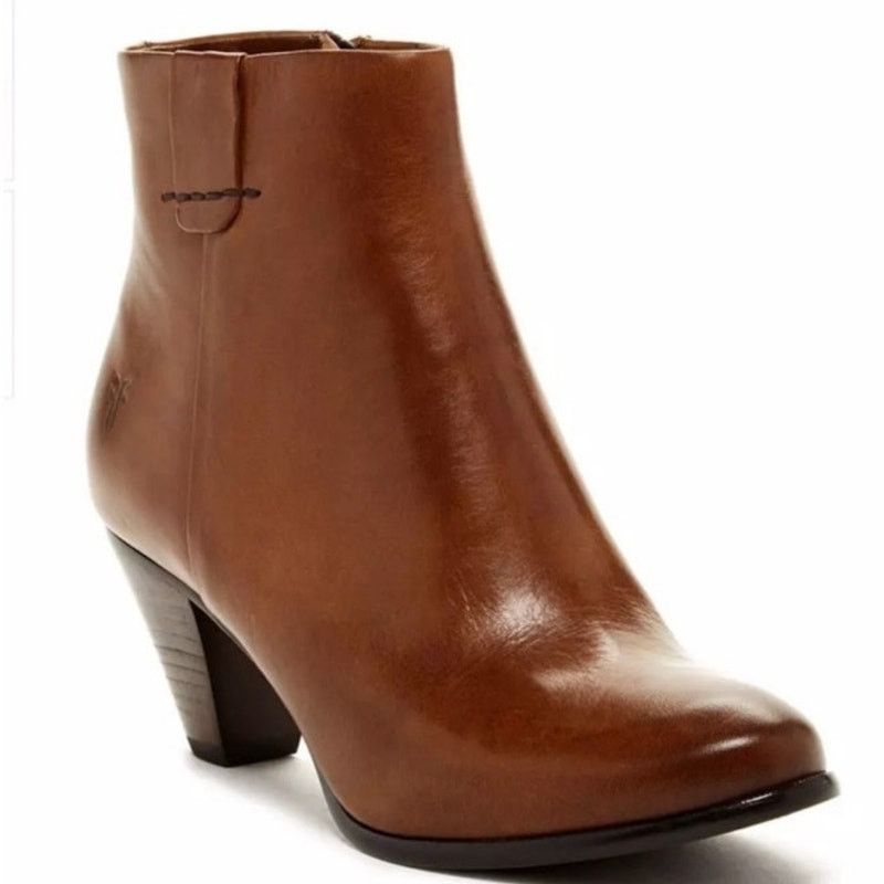 FRYE Phoebe Side Zipper Brown Leather Ankle Heeled Boot