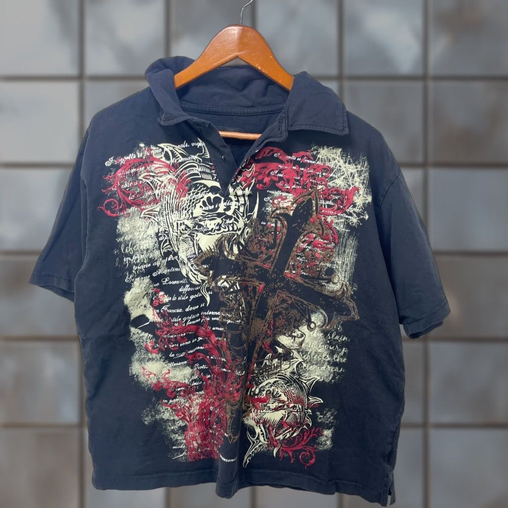 Affliction VINTAGE Affliction Style Cross AOP Graphic Shirt XL Men Black Cotton Skull Tattoo 2000s Modern Size US XL / EU 56 / 4 - 1 Thumbnail