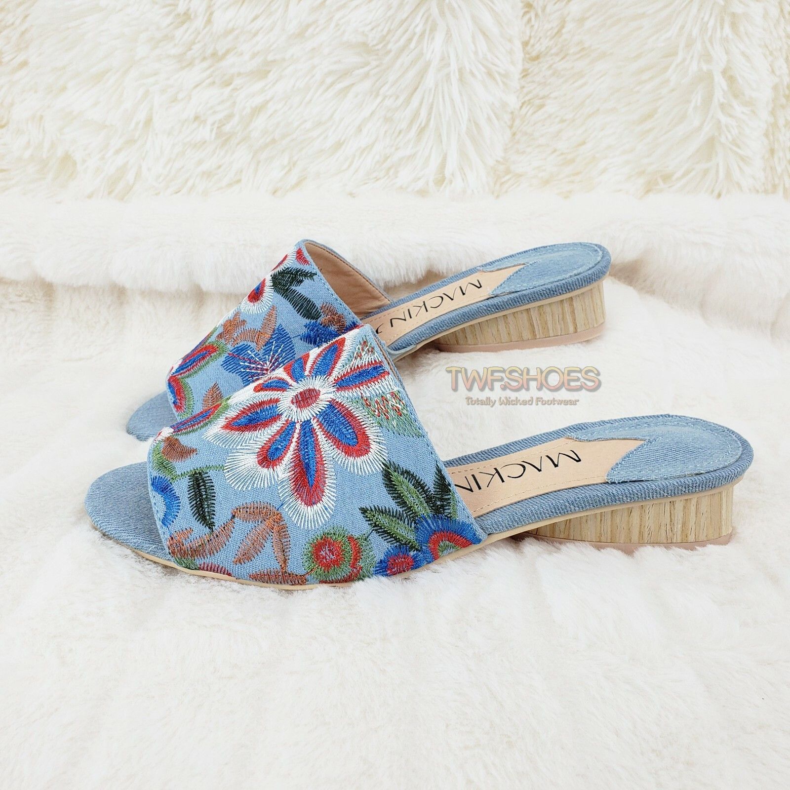 Other Mac J Denim Slip On Flats Mules Clog Slipper Embroidered Flo Size US 7.5 / IT 37.5 - 3 Thumbnail