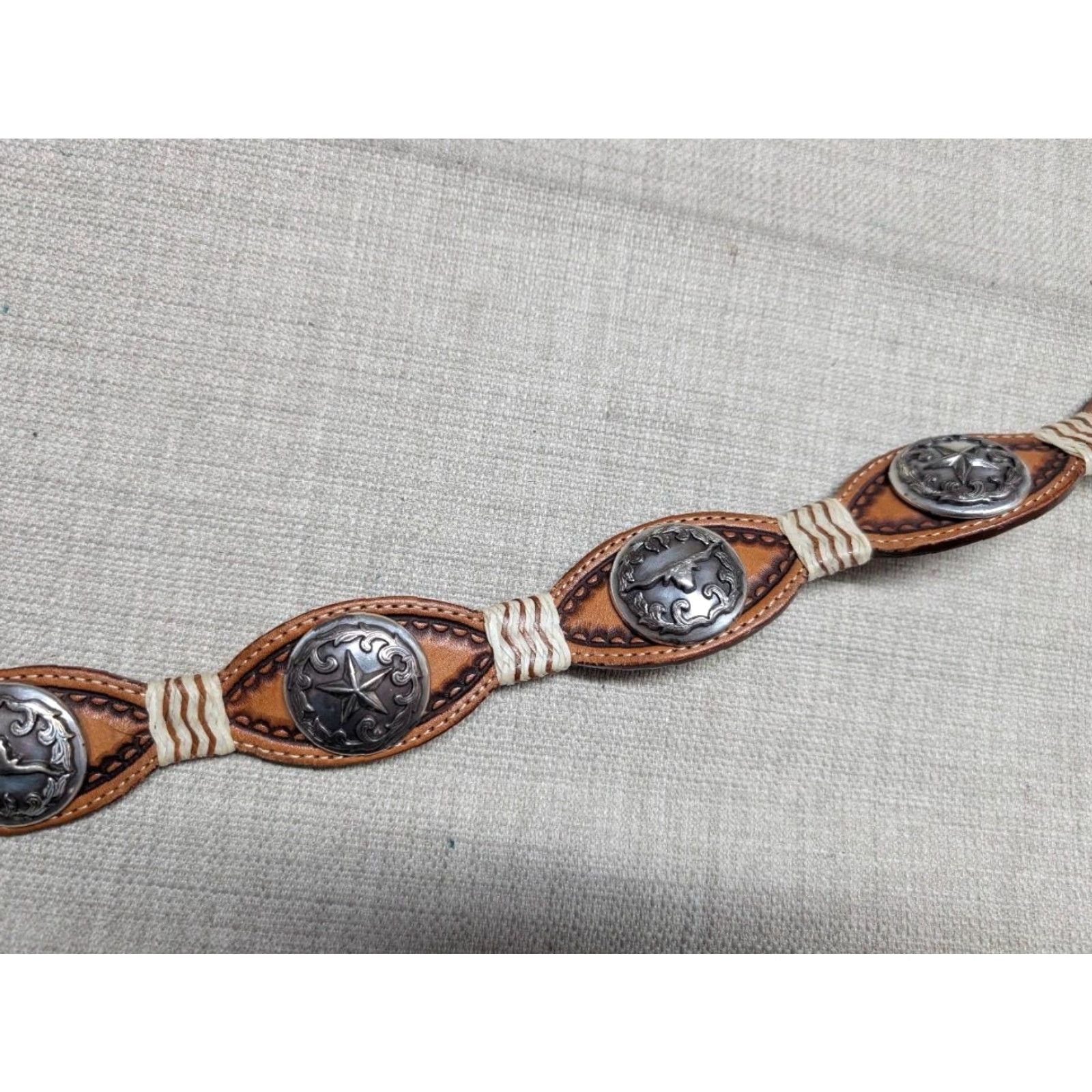 Vintage VINTAGE Justin Western Belt Mens 38 Brown Leather Concho Buckle Texas Lonestar Scalloped Pattern Cowboy Belt Size 38 - 6 Thumbnail
