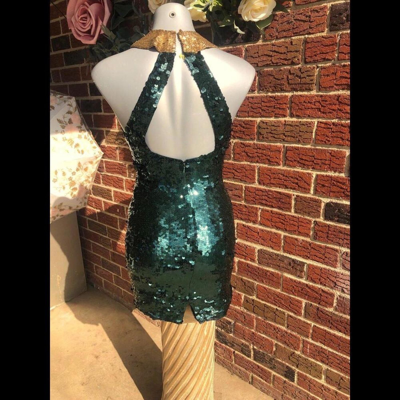 & Other Stories Dress Gown Wedding Green sequin Gold beaded collar halter Size S / US 4 / IT 40 - 6 Thumbnail