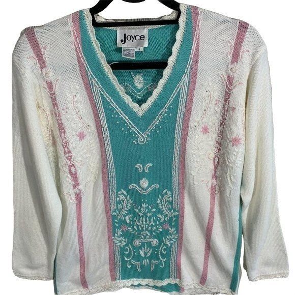 Vintage Vintage Joyce Pastel Floral Embroidered Grandmacore Sweater Size S / US 4 / IT 40 - 4 Thumbnail
