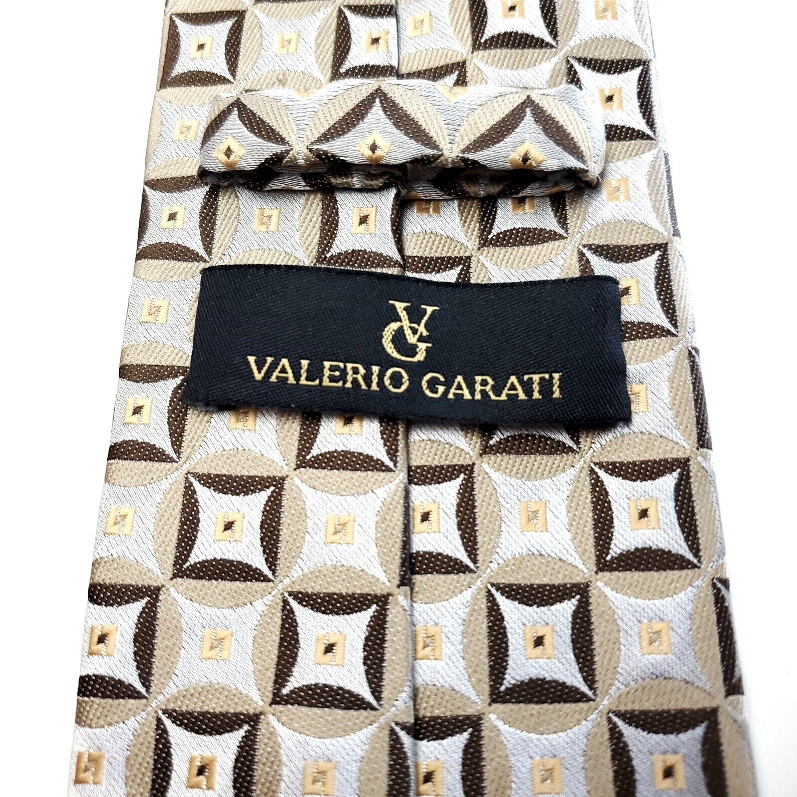 Designer Valerio Garati Beige Brown Silk Tie Woven Geometric Size ONE SIZE - 4 Thumbnail