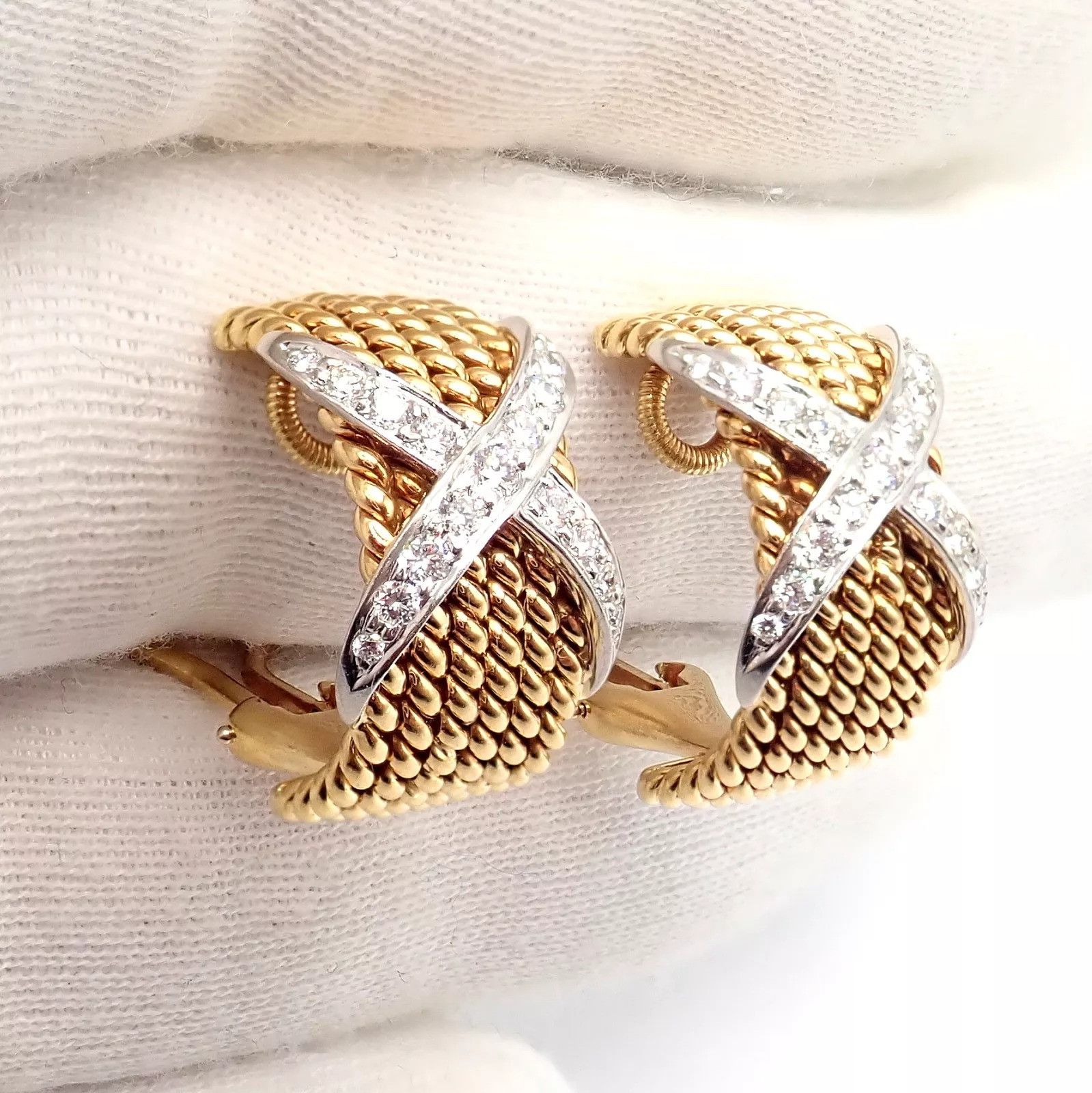 Tiffany & Co. Tiffany & Co Gold Platinum Diamond 6 Row Rope X Earrings Size ONE SIZE - 6 Thumbnail