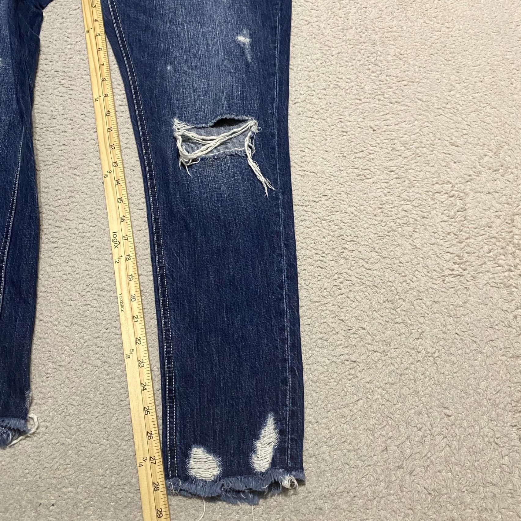Vintage KanCan Jeans Womens Jeans Distressed Straight Mid Rise Dark Wash Blue Denim 5 Juniors Regular 29in Inseam 28in Button Zip Pockets Logo Fringe Size 27" / US 4 / IT 40 - 6 Thumbnail