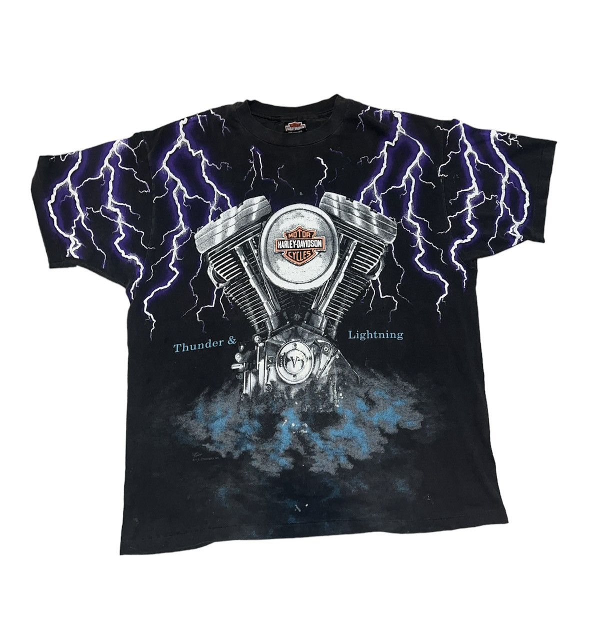 image of Harley Davidson Thunder And Lightning Vintage T Shirt in Black, Men's (Size XL)