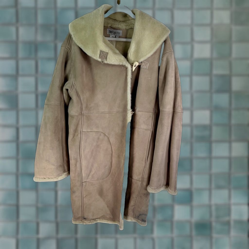 VINTAGE Worth Women’s Shearling Trench Coat Leather Size M Brown Fall Winter Classic